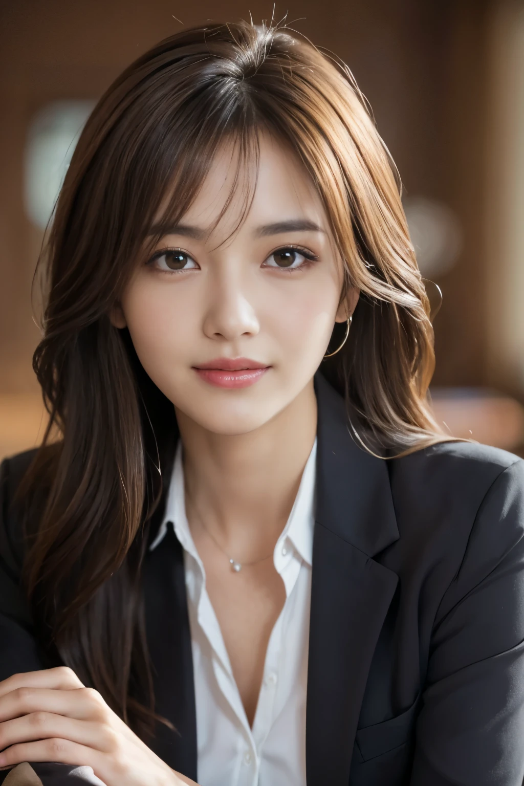 on the table, best quality, actual, super detailed, finely, high resolution, 8k wallpaper, 1 beautiful woman,, light brown messy hair, wearing a suit, sharp focus, Perfect dynamic composition, finelyて美しい目, thinning hair, Detailed and actual skin texture, Smile, closeup portrait, model figure
