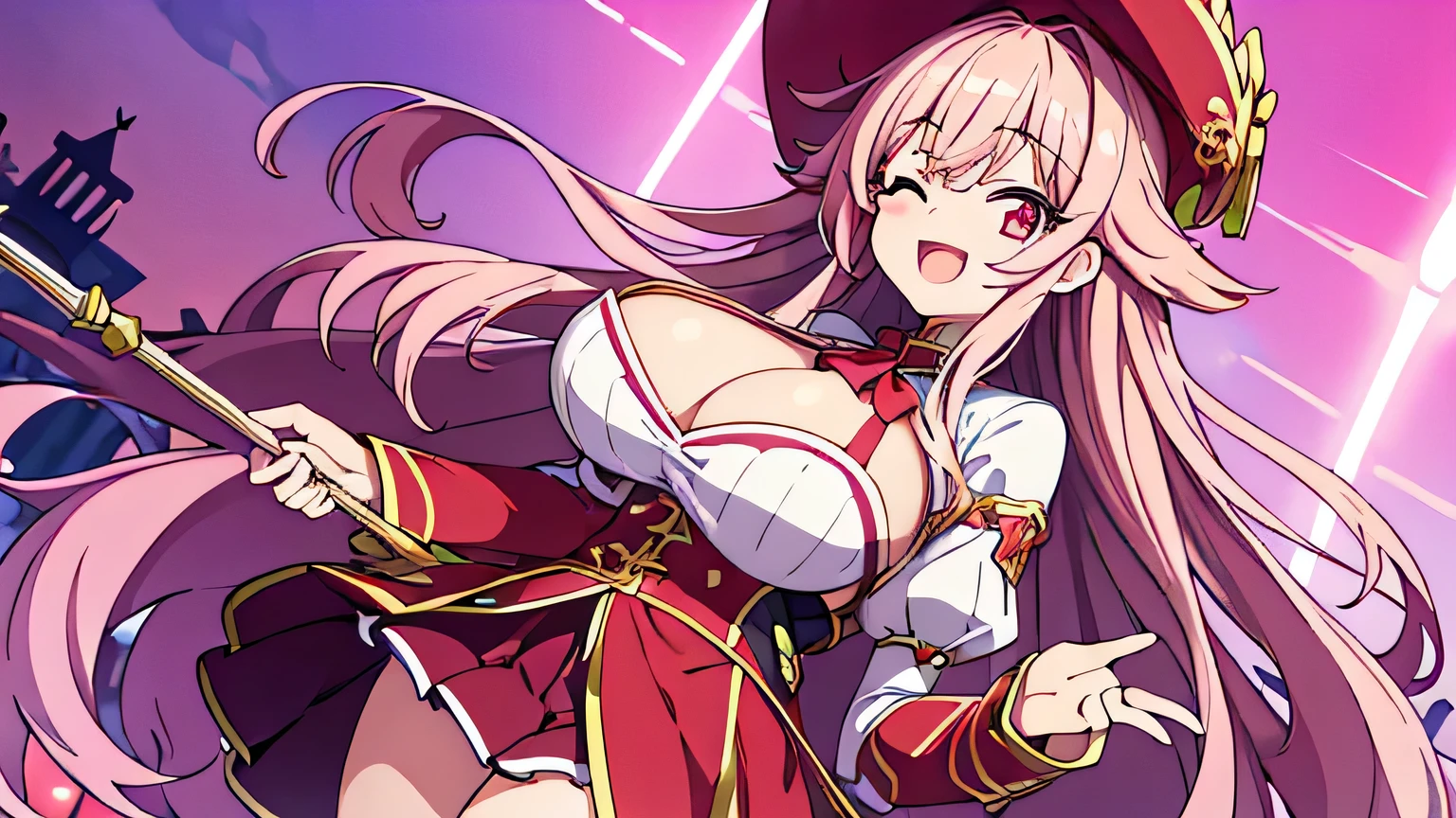 girl,huge breasts,cleavage,long hair,Very light pink,red eyes,closed one eye,chest focus,smile,open your mouth,Red Idol Uniform,has a wand,dutch angle,close to the viewer,