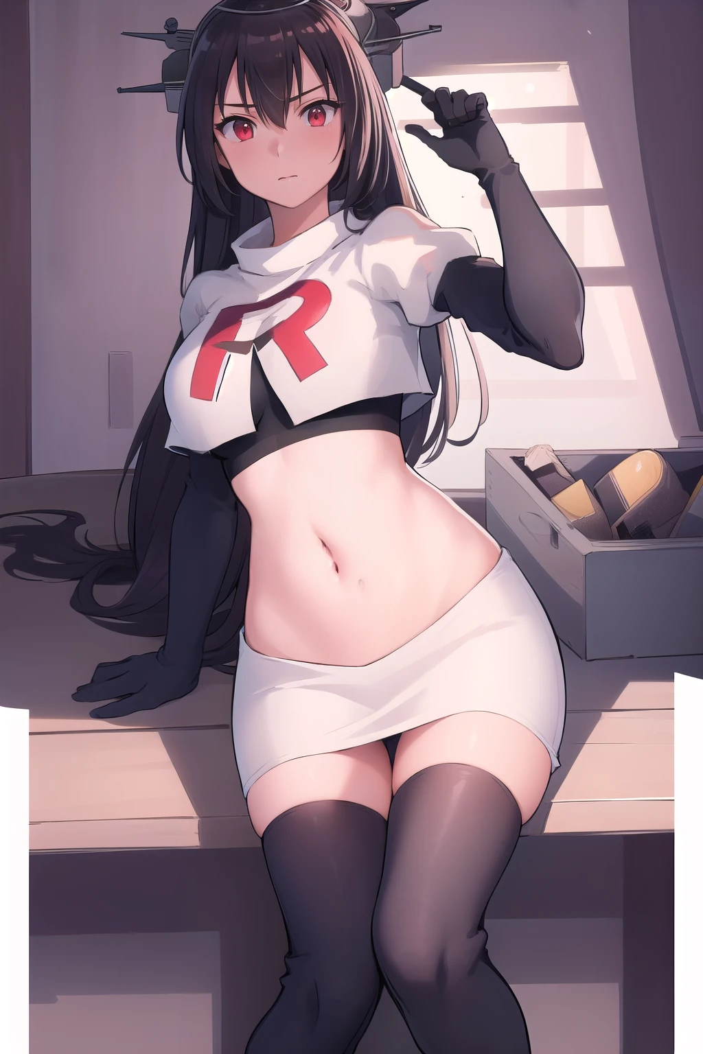 (masterpiece, best quality:1.2),illustration,8k,hd,1girl,solo,black_hair,long_hair,red_eyes,large_breasts,hair_between_eyes,headgear,navel,team rocket,team rocket uniform,white skirt,crop top,black thigh-highs,black elbow gloves,