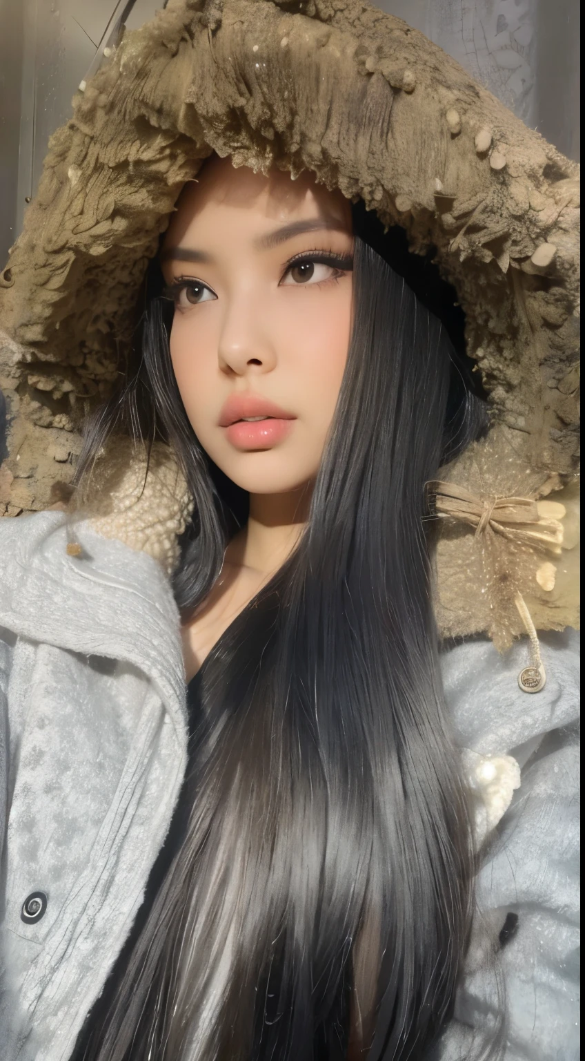 a close up of a woman with long black hair wearing a hood, black haired girl wearing hoodie, gorgeous latina face, with straight black hair, female with long black hair, violet myers, with long black hair, she has olive brown skin, long curvy black hair, black hair and large eyes, demi rose, portrait of demi rose, with long hair and piercing eyes