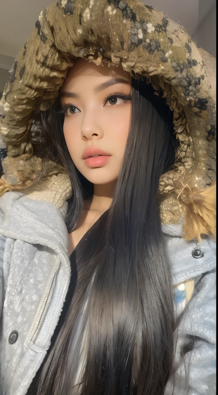 a close up of a woman with long black hair wearing a hood, black haired girl wearing hoodie, gorgeous latina face, with straight black hair, female with long black hair, violet myers, with long black hair, she has olive brown skin, long curvy black hair, black hair and large eyes, demi rose, portrait of demi rose, with long hair and piercing eyes