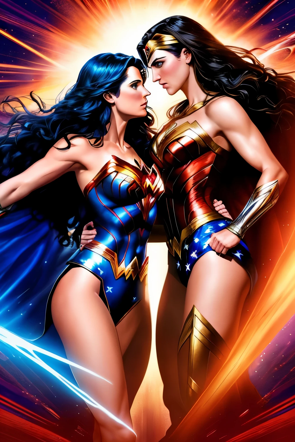 In the heart of a mesmerizing digital masterpiece by Alex Ross, the epic showdown between Wonder Woman and Superman unfolds. The scene is a heart-pounding spectacle of heroic combat, rendered in an exaggerated comic book style that captivates the senses. Dazzling colors ignite the page, as the two iconic figures pose defiantly, their powerful energy effects clashing dramatically.
This extraordinary encounter exudes top-notch illustration quality, with intense contrasting lighting effects that evoke the drama and intensity of a blockbuster movie. Each panel bursts with meticulous attention to detail, demonstrating the artist's unwavering dedication to bringing the liter