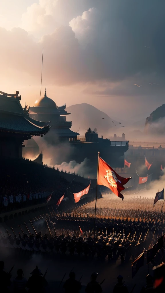 In the epic scene of the Three Kingdoms, a place of decisive battle unfolds before your eyes, depicted from an overhead view. Warriors clash with sword in hand, forming intricate patterns on the battlefield, their armor glistening in the fading sunlight. The cacophony of clashing steel, shouted commands, and the desperate cries of the wounded fill the air, creating an atmosphere of intense chaos and drama. Mighty generals command their troops from elevated positions, their faces etched with determination and concentration. They blow battle horns to spur their forces on, bringing a temporary calm to the pandemonium below. Flags flutter in the wind, bearing the emblems of the