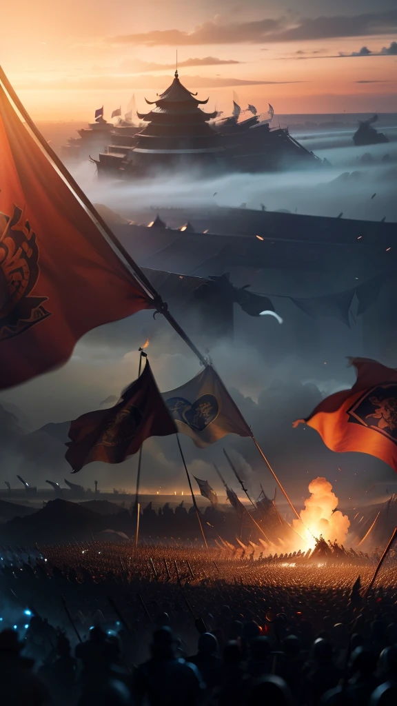 In the epic scene of the Three Kingdoms, a place of decisive battle unfolds before your eyes, depicted from an overhead view. Warriors clash with sword in hand, forming intricate patterns on the battlefield, their armor glistening in the fading sunlight. The cacophony of clashing steel, shouted commands, and the desperate cries of the wounded fill the air, creating an atmosphere of intense chaos and drama. Mighty generals command their troops from elevated positions, their faces etched with determination and concentration. They blow battle horns to spur their forces on, bringing a temporary calm to the pandemonium below. Flags flutter in the wind, bearing the emblems of the