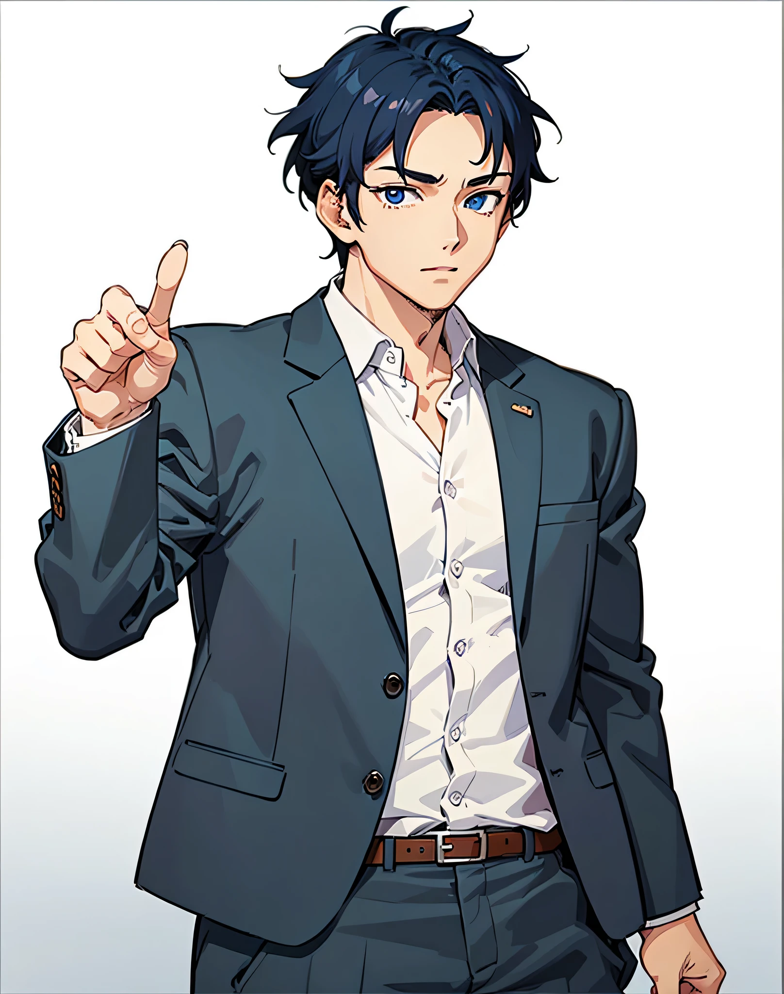 Anime man in suit pointing at something, Handsome anime pose, Use index finger, Kentaro Miura manga style, Kentaro Miura manga style, Tall blue eyed anime character, Single character full body, anime style, Inspired by Bian Shoumin, young anime man, Male anime style, anime handsome guy