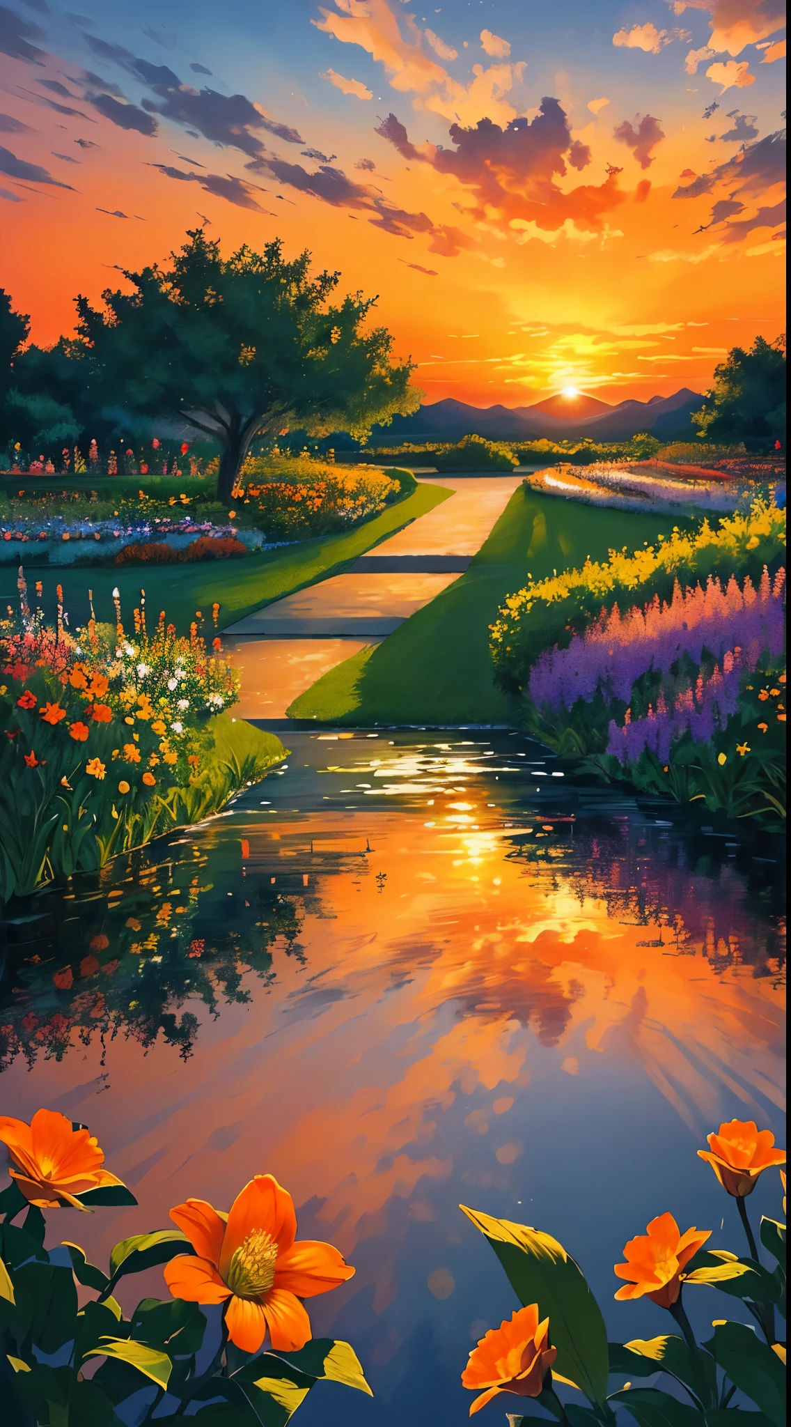 masterpiece,gorgeous, the gorgeous sunset in a garden, flowres, water, landscape, beautiful clouds, orange, orange atmosphere, amazing sky, stunning view, an artistic painting, no human,no people