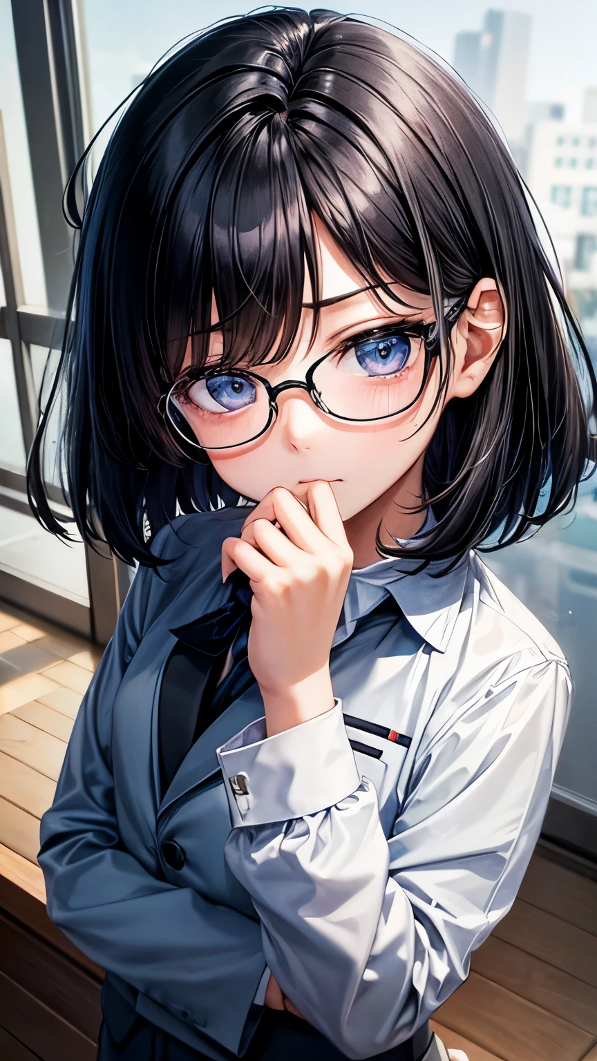 17 years old Japanese high school student boy ((boy’s body shape )),straight hair ((jet-black hair , very short hair )),((much shaggy long forelock)),BREAK, older and intrepid face, ((jet-black school blazer, black dress shirt, black slacks )), blue glasses ,BREAK, thin sharp eyes ((shiny pale blue eye, )), blush , BREAK, boring and stressed atmosphere,((face focus:1.3)), his arms folded ,((NSFW))