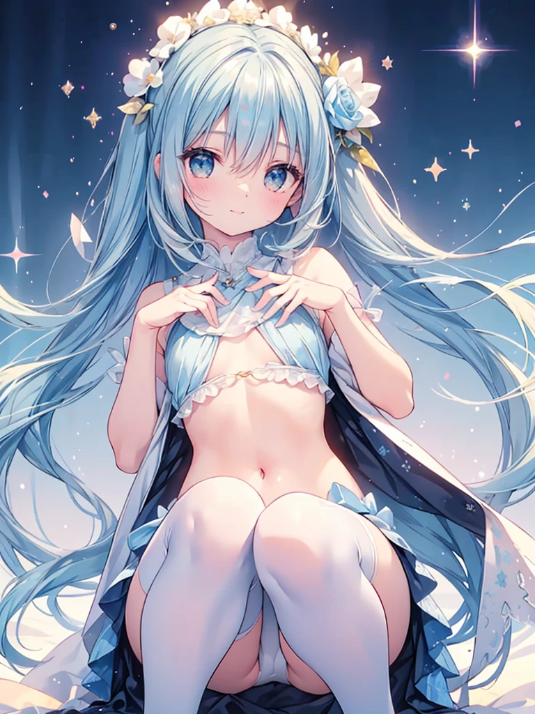 masterpiece, best quality, extremely detailed, (illustration, official art:1.1), 1 girl ,(((( light blue long hair)))), light blue hair, ,, long hair ((blush)) , cute face, big eyes, masterpiece, best quality,(((((a very delicate and beautiful girl))))),Amazing,beautiful detailed eyes,blunt bangs((((little delicate girl)))),tareme(true beautiful:1.2), sense of depth,dynamic angle,affectionate smile, (true beautiful:1.2),,(tiny 1girl model:1.2),(flat chest)), 
Soft Focus , (Bright gradient watercolor :1.5, Lens Flare:1.5 , Glitter :1.5), Anime girl lying in bed、Put your hands on your stomach, a hyperrealistic , a hyperrealistic , Realistic , Ecchi, the anime girl is crouching, high detailing!!, beautiful anime girl squatting, giantess art, Anime Barbie in white stockings, photorealistic anime, [ photos realistic ]!!, Very realistic