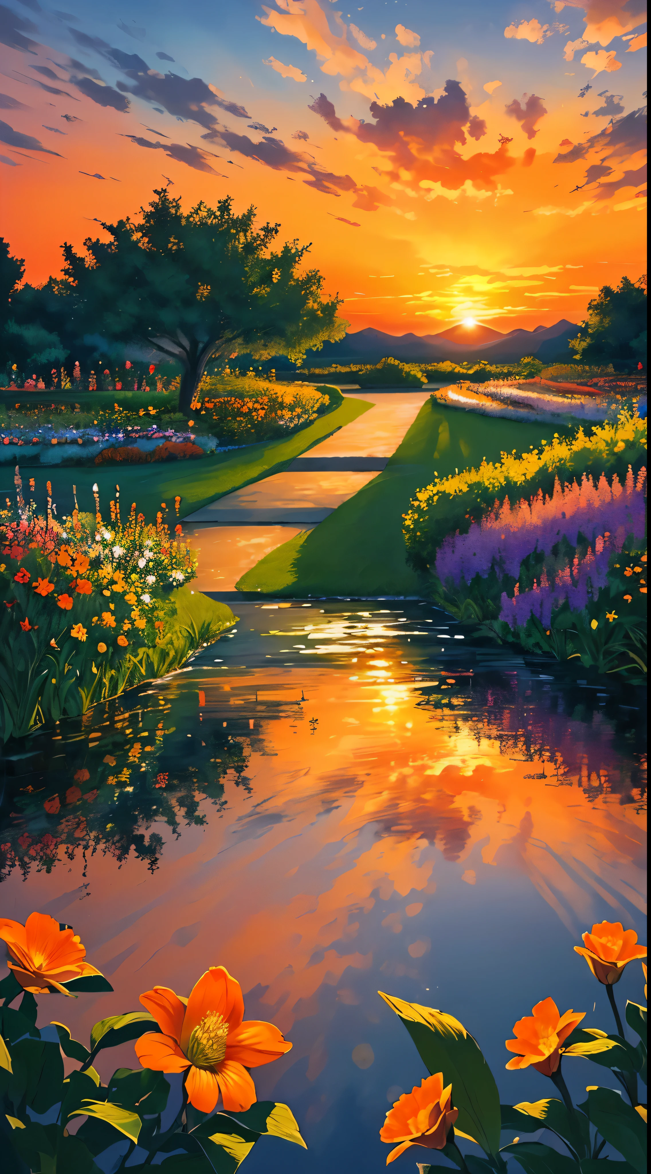 masterpiece,gorgeous, the gorgeous sunset in a garden, flowres, water, landscape, beautiful clouds, orange, orange atmosphere, amazing sky, stunning view, an artistic painting, no human,no people