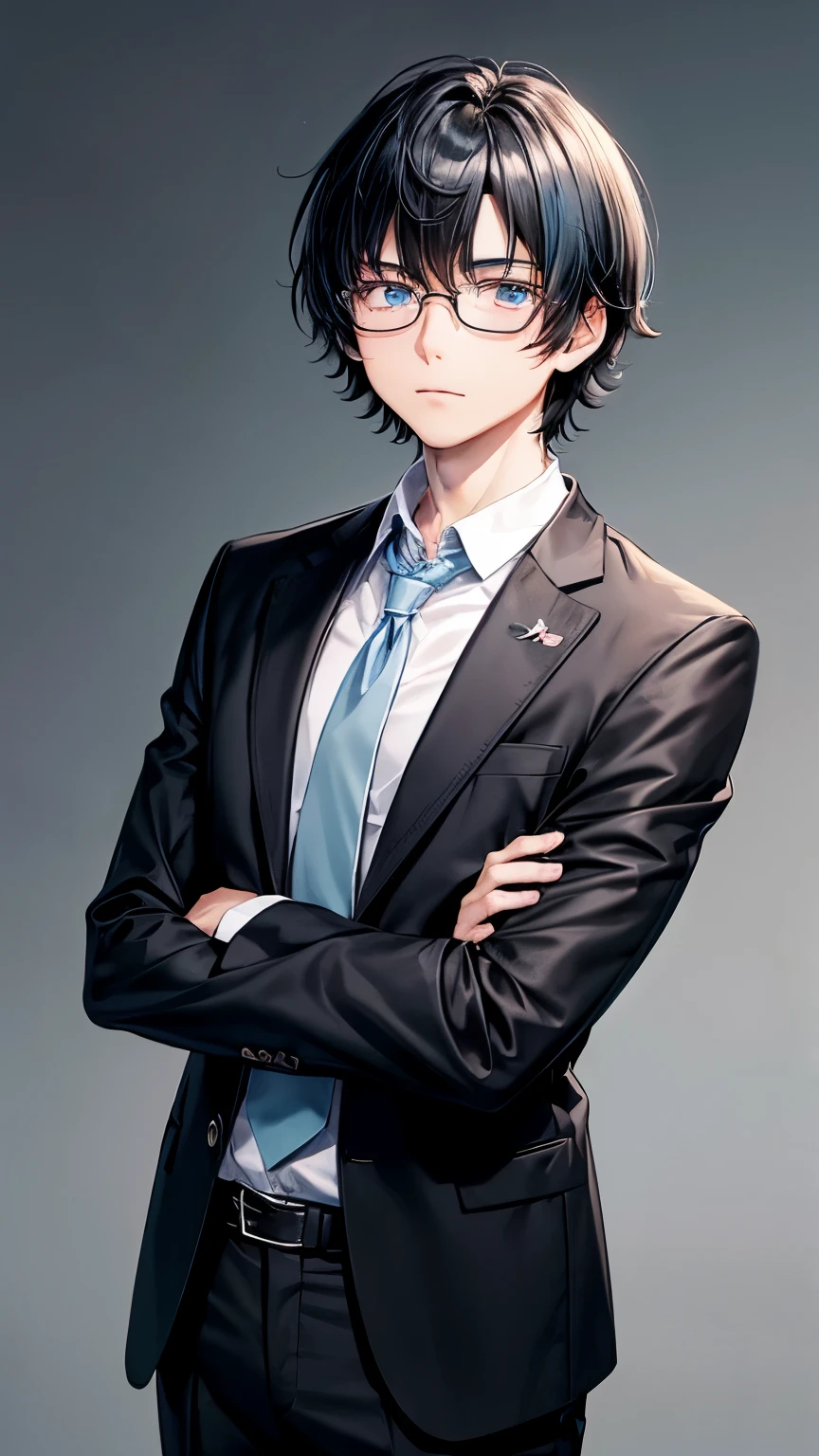 17 years old Japanese high school student boy ((boy’s body shape )),straight hair ((jet-black hair , extra very short hair )),((much shaggy long forelock)),BREAK, older and intrepid face, ((jet-black school blazer, black dress shirt, black slacks )), blue glasses ,BREAK, thin sharp eyes ((shiny pale blue eye, )), blush , BREAK, boring and stressed atmosphere,((face focus:1.3)), his arms folded ,((NSFW))