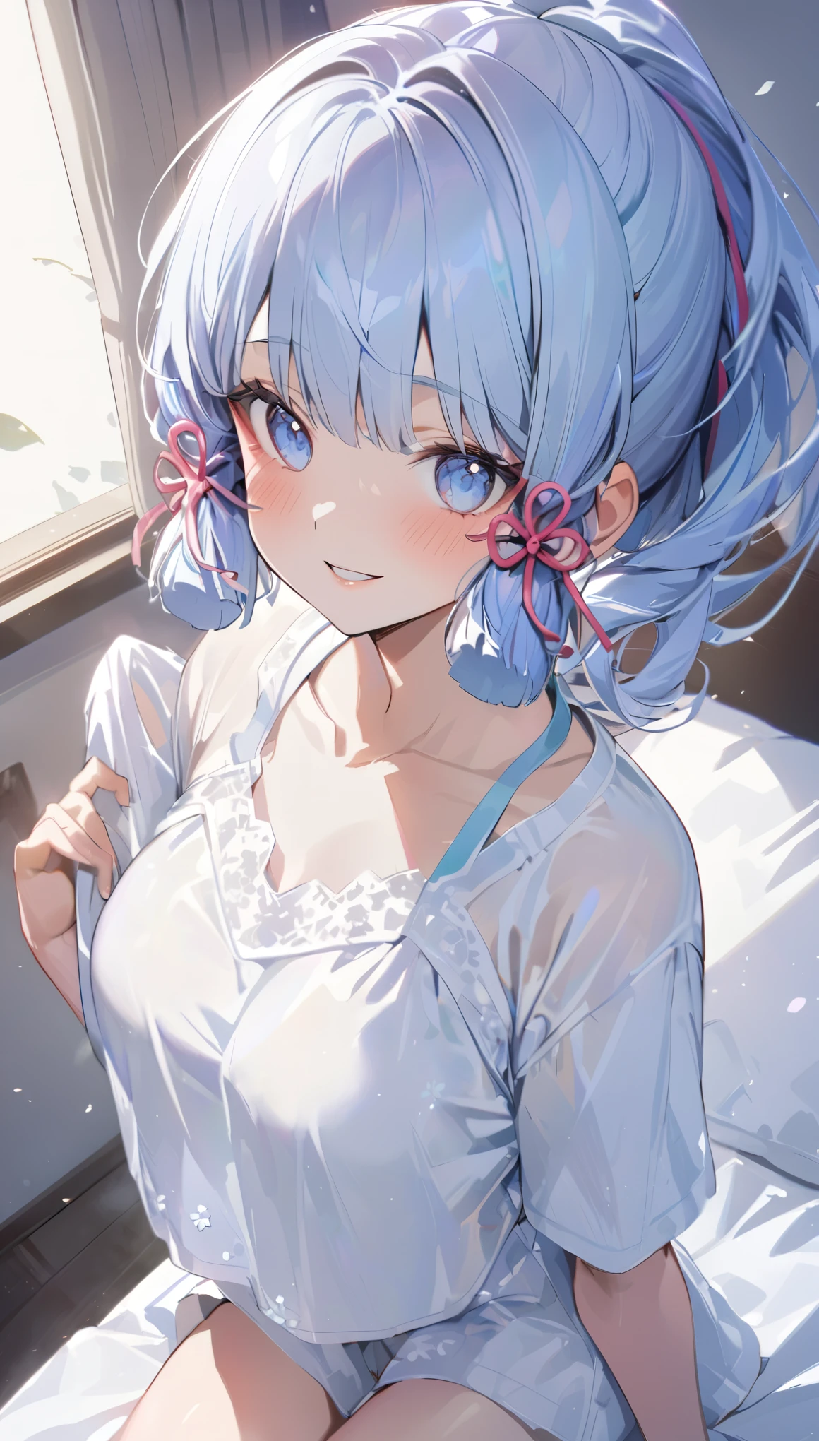 ayaka, long blue hair, beautiful face,smiling,close up to hips, moderate breast, sitting on beds, wearing beautiful white pajamas, (open mouth:0.4),illustration,detailed textures(realists),ultra-detailed,portrait style,vivid colors,soft lighting, blushing, mature, no bras