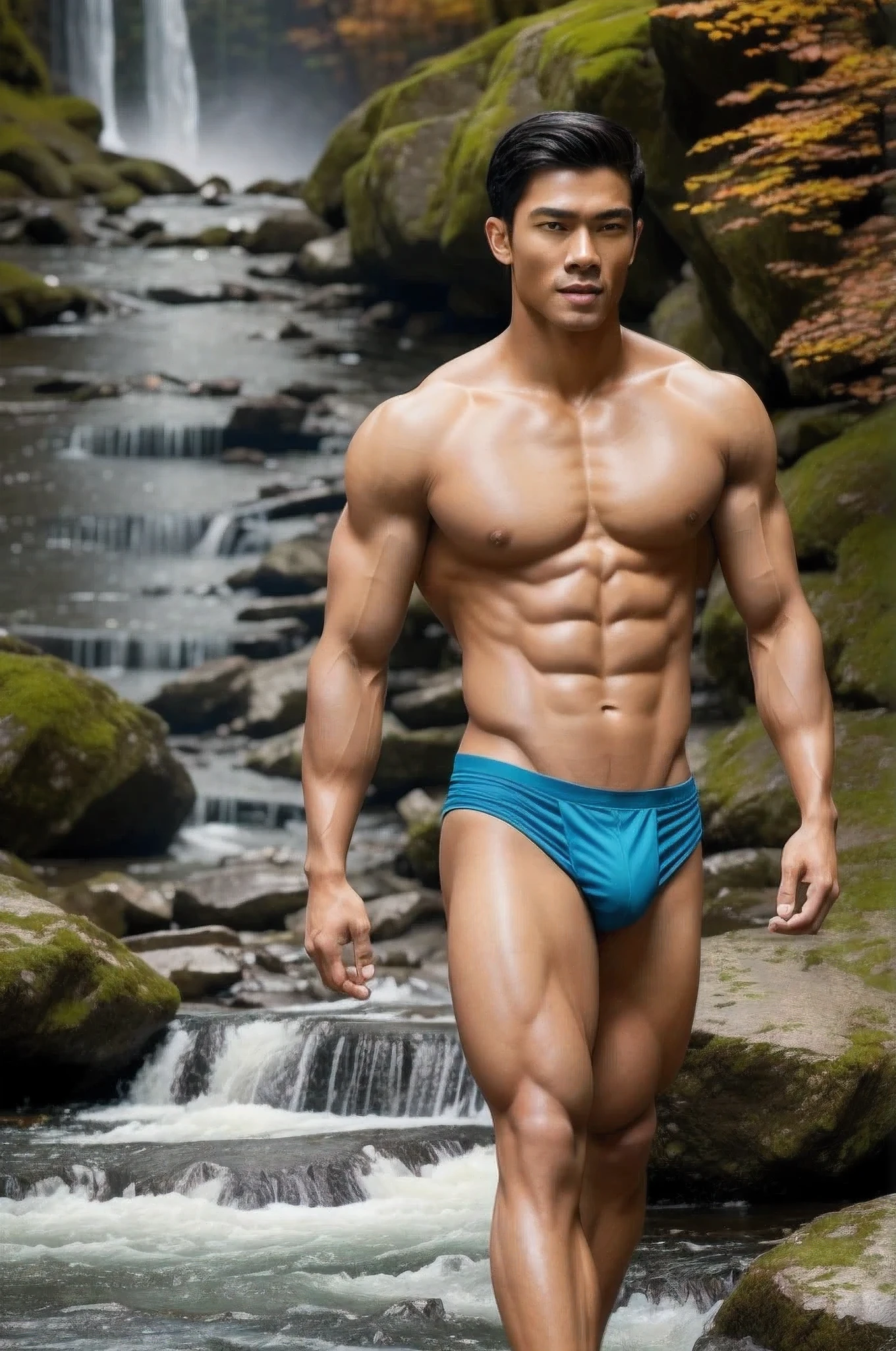 a photo-realistic image of a (((muscular and toned))) Thai male wearing shorts, (((irresistibly sexy, good looking, and beautiful handsome face))) with ((beautiful pale skin color with fine skin complexion)), (((bare chest))), ((no top, no pants)), ((long black hair)), ((in the world of top male model legends)), walking in the stream, background of waterfall and colorful fall-color mountains on a sunny day. ((full body shot)), ((ultra high resolution))
