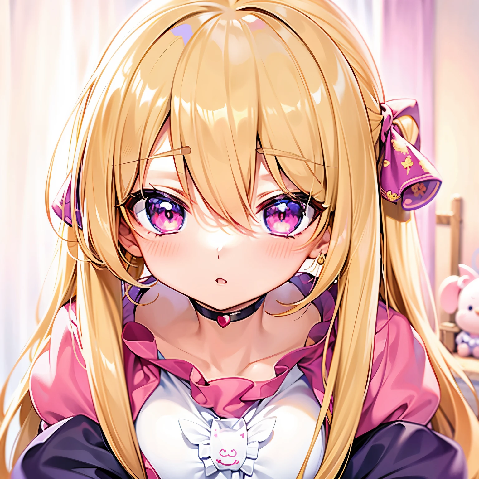 anime girl with long blonde hair and pink eyes staring at the camera, anime best girl, anime visual of a cute girl, anime girl named lucy, extremely cute anime girl face, kinmoza!, anime hi-fructose, yami kawaii, cute anime face, anime moe artstyle, nagatoro, perfect anime face, rei hiroe, in an anime