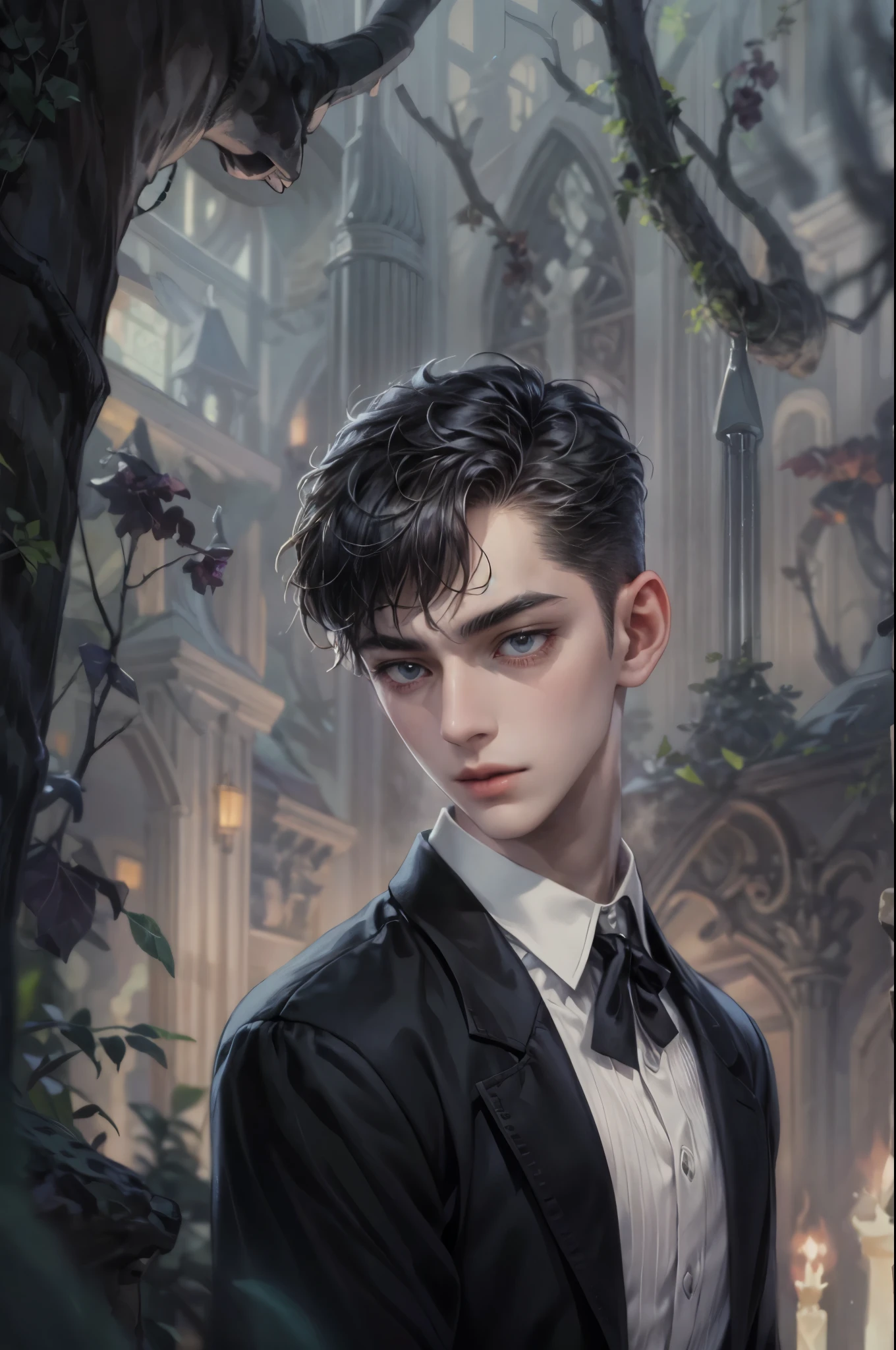((Best quality)), ((masterpiece)), (detailed), ((perfect face)), ((halfbody)) handsome face, male, teen boy,  perfect proportions , a male version character from the addams family, short hair, male version, detailed eerie background, detailed eerie scenery 