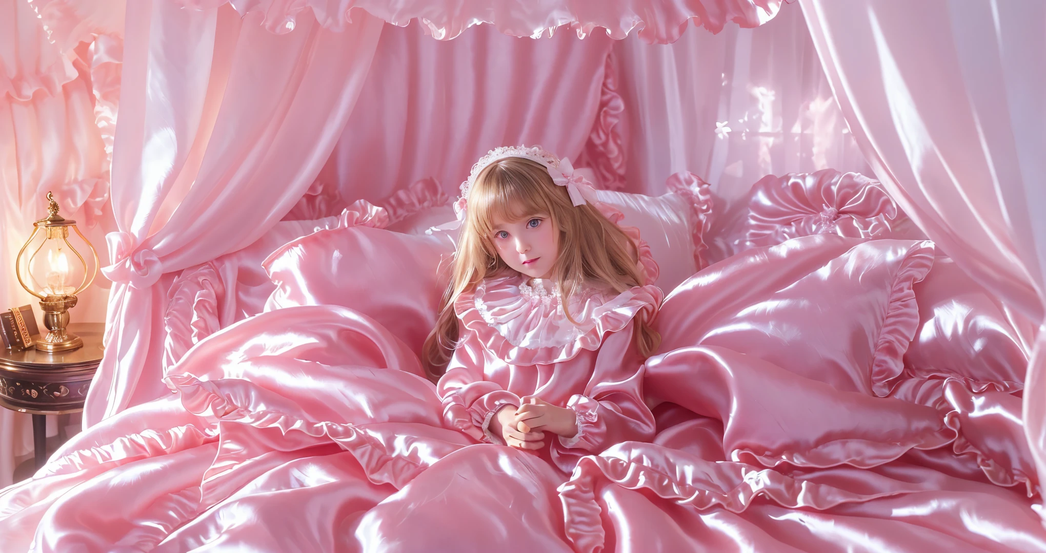 ,highest quality, masterpiece, highest resolution, artwork, super それにget used to it, many get used to it, get used to it, それにget used to it, 3K realistic photos,(( 10 year old girl)),Super detailed baby face,high quality small face,long blonde hair that grows to the waist,blue eyes,白い肌のeuropean,pajamas, european,(((super long blonde hair))),curly hair,blue eyes,((((ピンクのシルクサテンのロリータファッションのlong skirtのワンピースドレス)))),((Pink silk satin dress with lots of ruffles and ribbons)),((Luxurious headdress with frills and ribbons)),detailed headdress,,(((big yoke collar))),Yoke collar with ruffles and ribbons,((((long sleeve)))),ruffle sleeves,((((long skirt)))),white ruffle and lace socks,large silk satin ruffle pillow,(((Nice pink outfit))),豪華なcanopy bedの上,canopy bed,The bed is surrounded by luxurious curtains,Many silk satin ruffle pillows on the bed,Behind the girl are many pink frilly pillows,super detailed background,detailed bed,soft pink silk satin comforter,Highly detailed soft ruffle pillow,Beautiful girl illustration,detailed beautiful face,thin hair,detailed eye ,detailed eyes,detailed mouth, arm details,fine hands,Detailed pillow,wide bed,Illustration on the bed, ,((((round futon)))),((((Large silk satin ruffle comforter that covers the entire bed)))),detailed comforter,dense silk satin bed sheets,soft bed,Before bedtime,romantic atmosphere,palace bedroom,((((The lower half of my body is hidden under the fluffy futon.....)))) The girl is leaning on a pile of pillows, ,((((round futon)))),((((A large ruffled futon that covers the entire bed)))),Soft and shiny silk satin fabric,(((((Many small white feathers are scattered on the bed...))))),(((((Many small white feathers fly up))))),(((((After a fierce pillow fight))))),