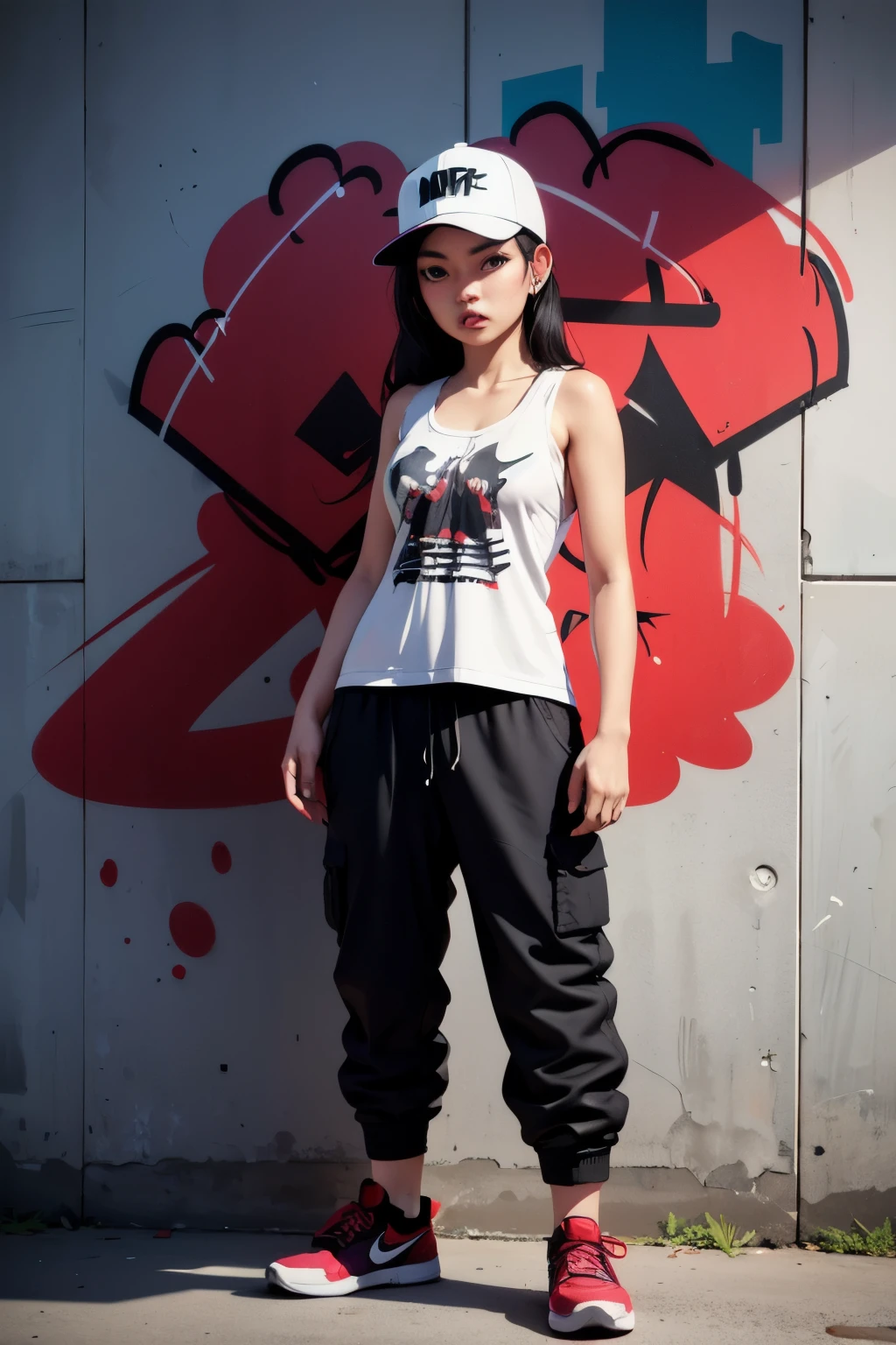 (Graffiti 1.5) Asian girl, graffiti style Wearing a hip-hop hat, wide ears, nose piercing, cigarettes, Slipknot tattoo tank top, hip-hop pants, and oversized Nike sneakers, standing in front of a wall (graffiti 1.5), Thai style (graffiti 1.5), on a cloud. ,(Graffiti work 1.5)