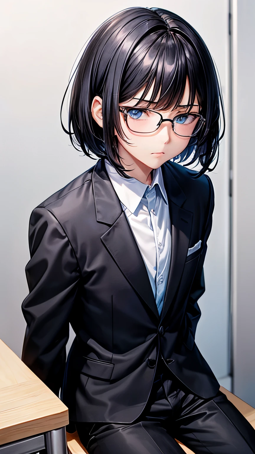  Japanese high school student boy  body shape )),straight hair ((jet-black hair , extra very short hair )),((much shaggy long forelock)),BREAK, older and intrepid face, ((jet-black school blazer, black dress shirt, black slacks )), blue glasses ,BREAK, thin sharp eyes ((shiny pale blue eye, )), blush , BREAK, boring and stressed atmosphere,((face focus:1.3)), his arms folded ,((NSFW))