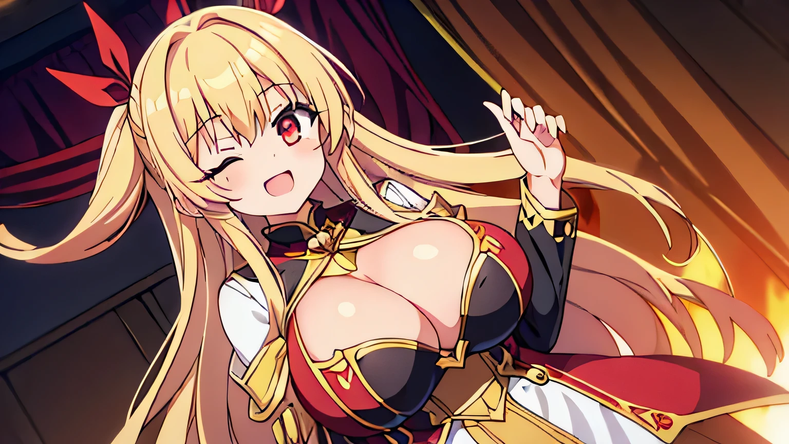 girl,huge breasts,cleavage,long hair,very light golden hair,red eyes,closed one eye,chest focus,smile,open your mouth,Red Idol Uniform,cover one&#39;s chest with one&#39;s hands,dutch angle,close to the viewer,