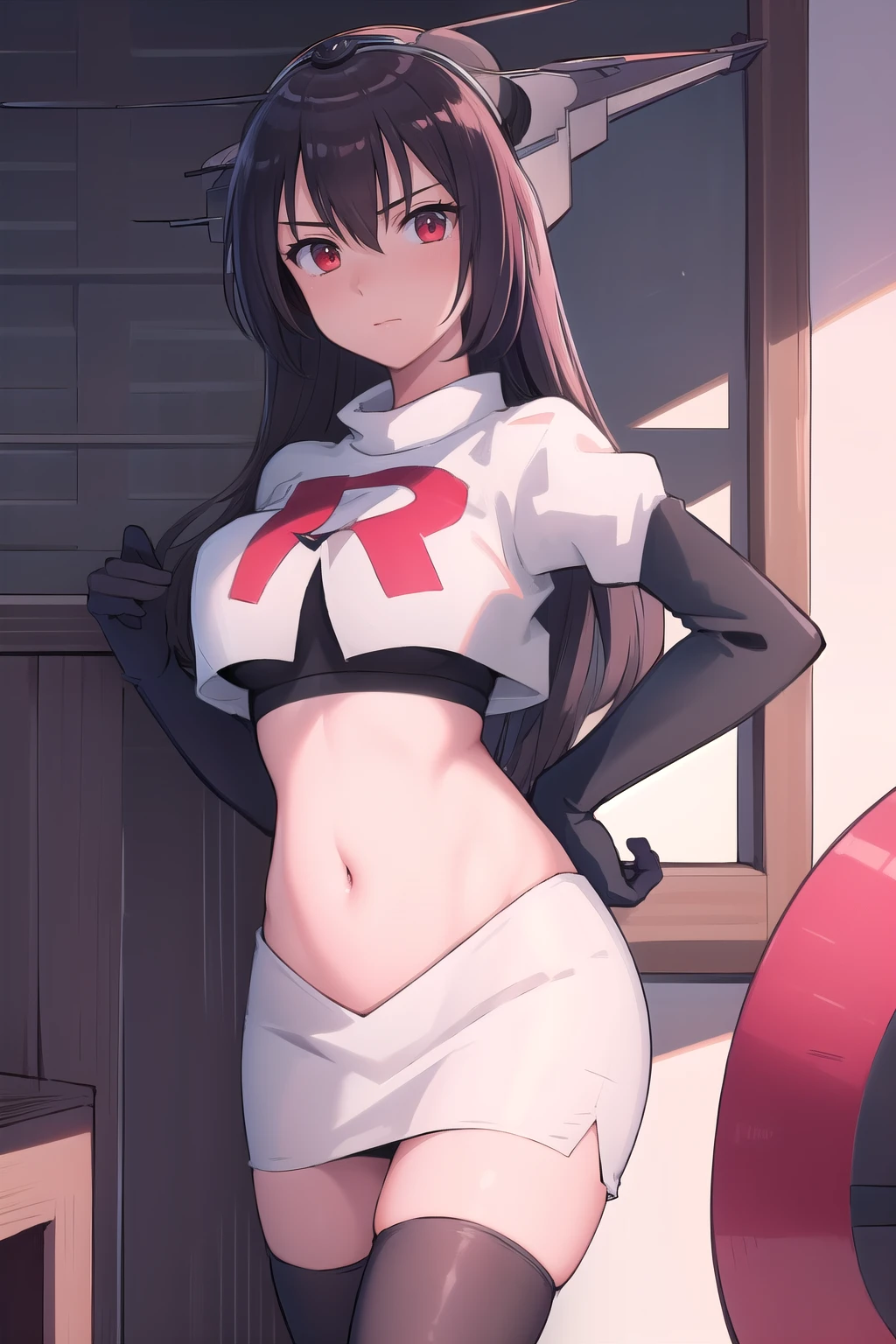 (masterpiece, best quality:1.2),illustration,8k,hd,1girl,solo,black_hair,long_hair,red_eyes,large_breasts,hair_between_eyes,headgear,navel,team rocket,team rocket uniform,white skirt,crop top,black thigh-highs,black elbow gloves,