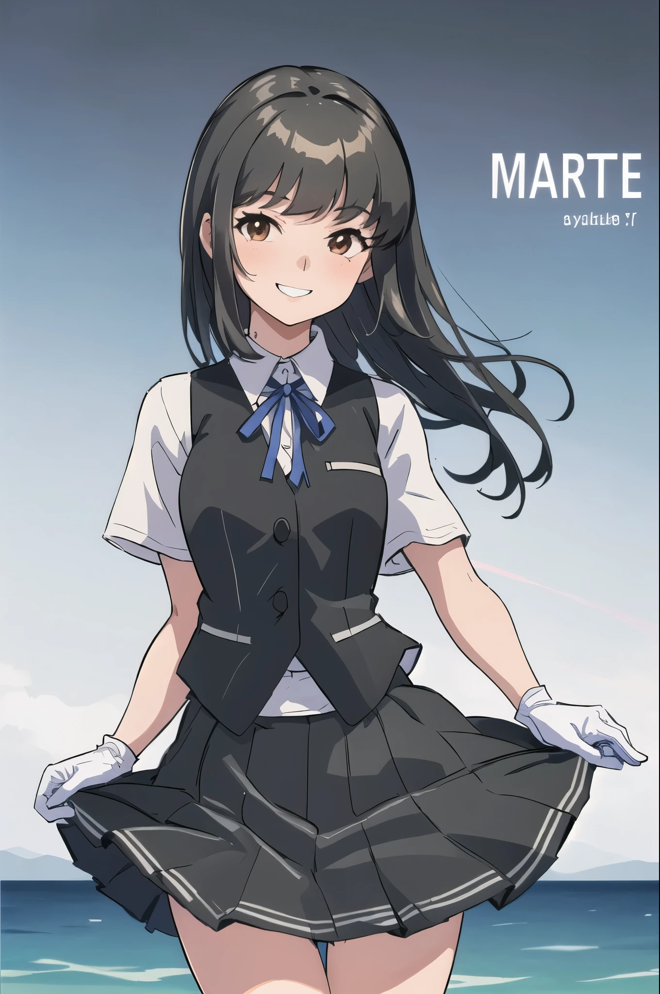 (masterpiece, highest quality:1.2), cowboy shot, alone, 1 girl, Hayashio, smile, looking at the viewer, turn your arms behind your back, water play, white shirt, neck ribbon, short sleeve, black vest, black skirt, white gloves