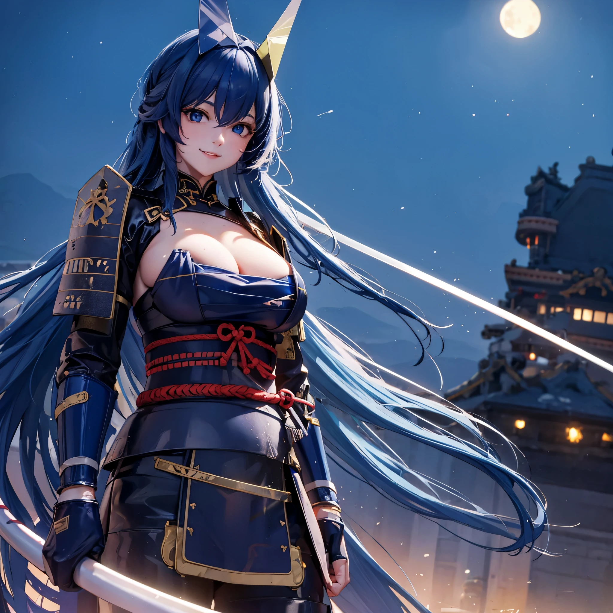 a woman in heavy samurai armor, weak blue long hair , big breast, blue eyes outside a samurai castle at night, smiling