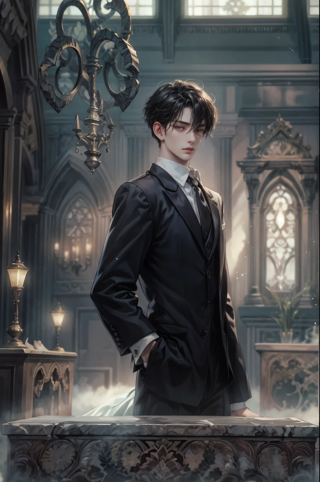 ((Best quality)), ((masterpiece)), (detailed), ((perfect face)), ((halfbody)) handsome face, male, teen boy,  perfect proportions , a male version character from the addams family, short hair, male version, detailed eerie background, detailed eerie scenery 