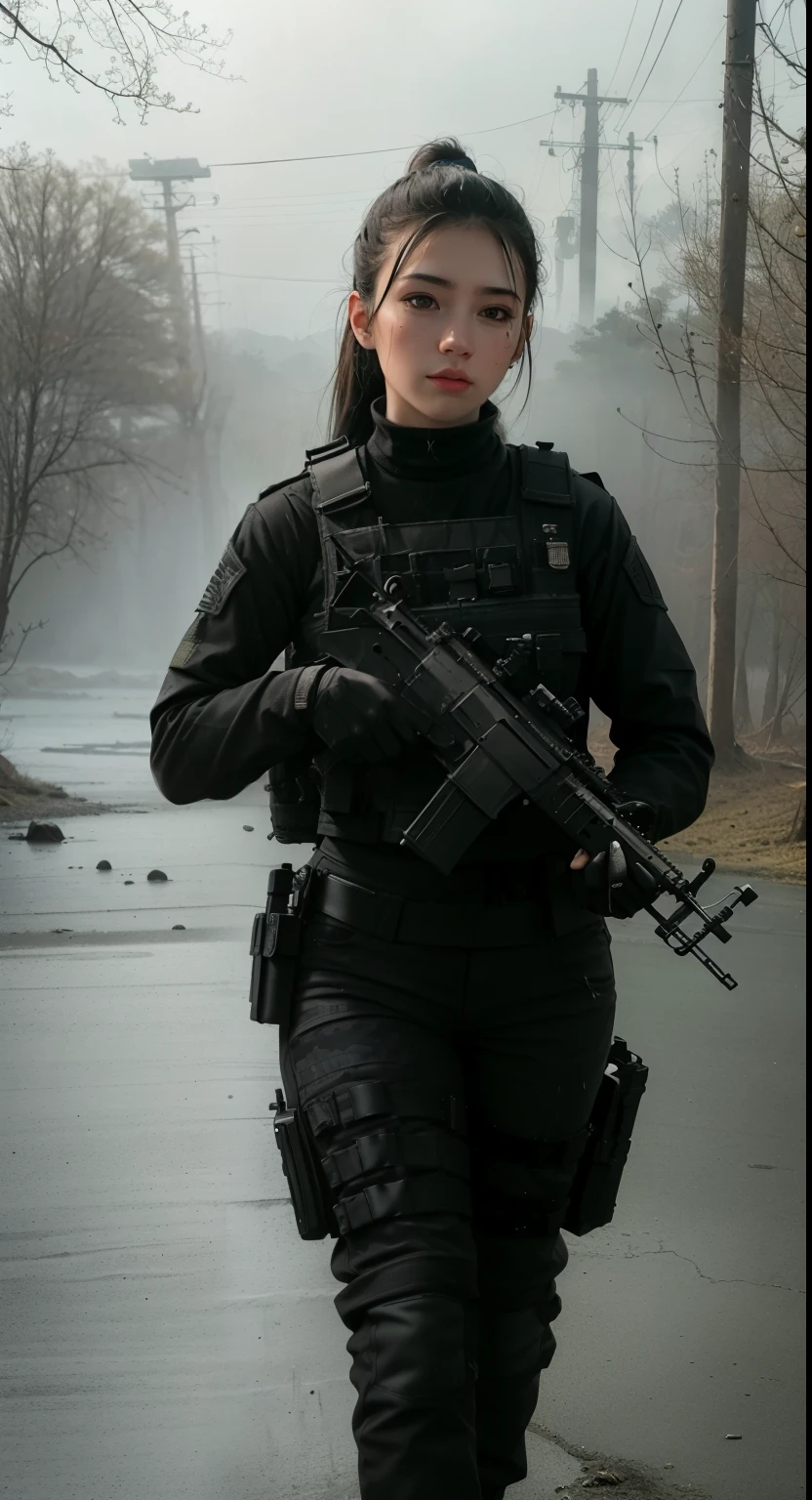 ((best quality)), ((masterpiece)), (detailed), beautiful lighting, best quality, realistic, full body portrait, real picture, intricate details, depth of field, 1girl, A very muscular solider girl with long haircut, around 20 years old wearing a black uniform holding a gun in the hallway, wearing black Swat tactical gear, photography of a techwear woman, dressed in black Swat tactical armor, black Swat tactical gear, Tactical vest and holster, Beautiful Female Soldier, Holding a rifle, closeup portrait shot, Have an MP7, holding rifle, special forces security, airsoft cqb, highly-detailed, perfect face, blue eyes, lips, wide hips, small waist, tall, make up, Fujifilm XT3, outdoors, bright day, Beautiful lighting, RAW photo, 8k UHD, film grain, ((bokeh)) (((Walking along a stream in a jungle, Fires, Smoke, debris, Camo netting, Ammo Boxes, Rain, Stormy, Wet, abstract beauty, near perfection, burning scene in the background, the forest is on fire, Mushroom Cloud, winner of the year's best photo, the world on fire, post-apocalyptic hellscape military photography, photo epic of the year, fire on the horizon, epic cinematic shot, pure form, intricate detail, 8k post-production, High resolution, super Detail, trending on ArtStation, sharp focus, studio photos, intricate detail, Very detailed,