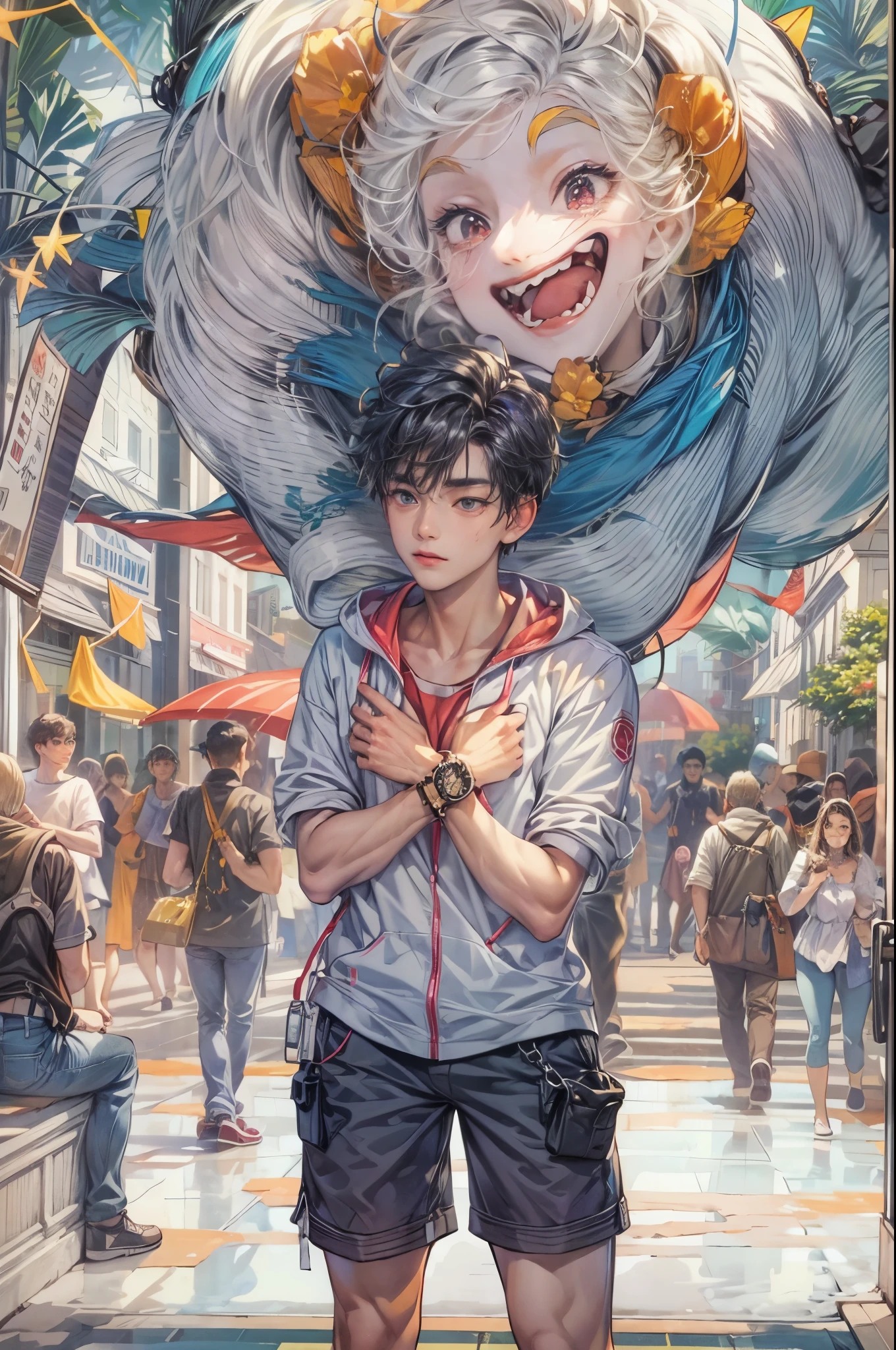 ((Best quality)), ((masterpiece)), (detailed), ((perfect face)), ((halfbody)) handsome face, male, teen boy, perfect proportions , a character from anime Pokémon, short hair, male version , hands hiding in clothes,detailed Pokémon center background, detailed cheerful scenery