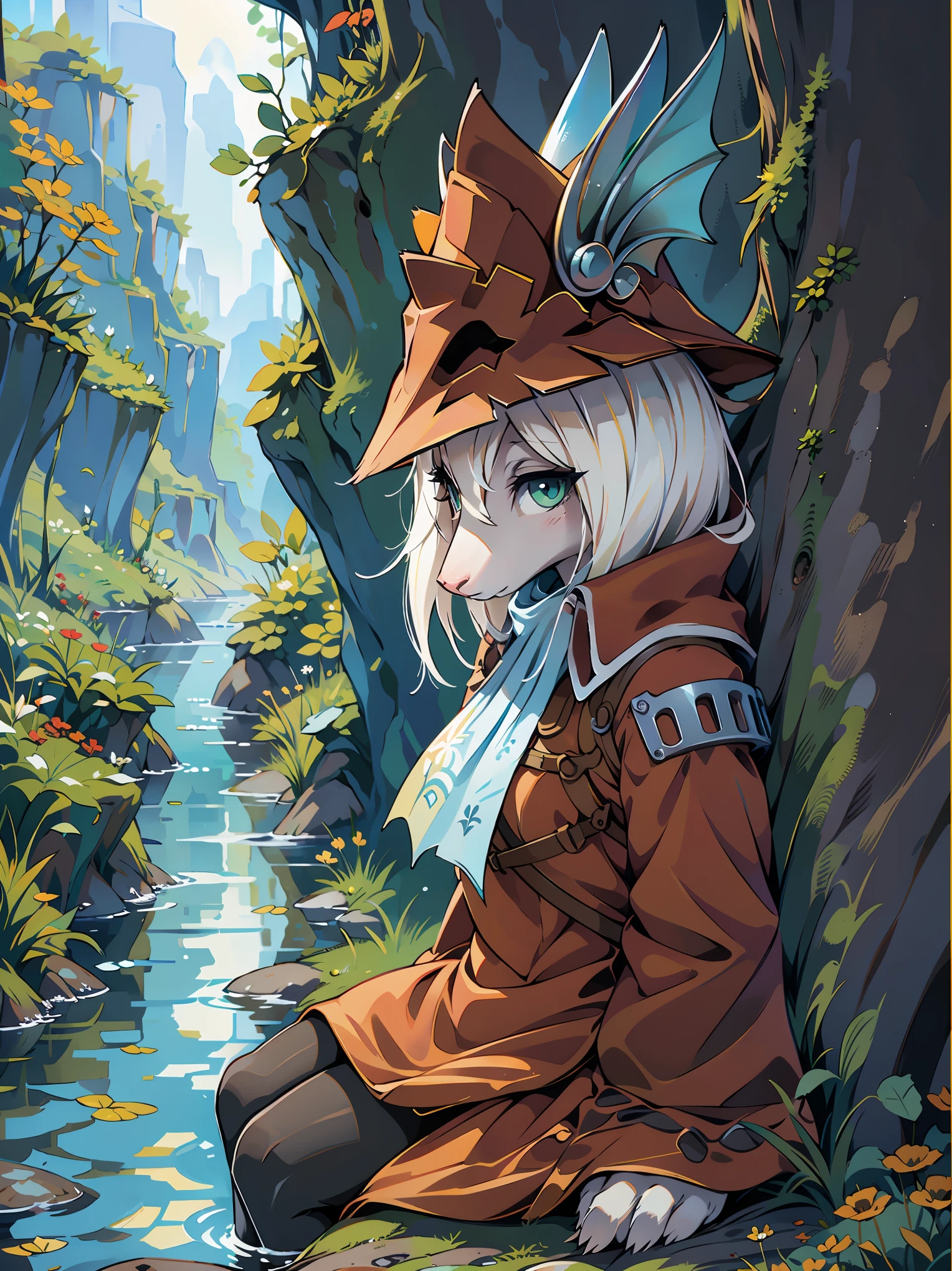 freya crescent (final fantasy), furry, solo, hat , white hair , green eyes , mouse tail , tail ribbon , snout city , ruins , rain , brick road,cute,super high quality,highest quality,beautiful