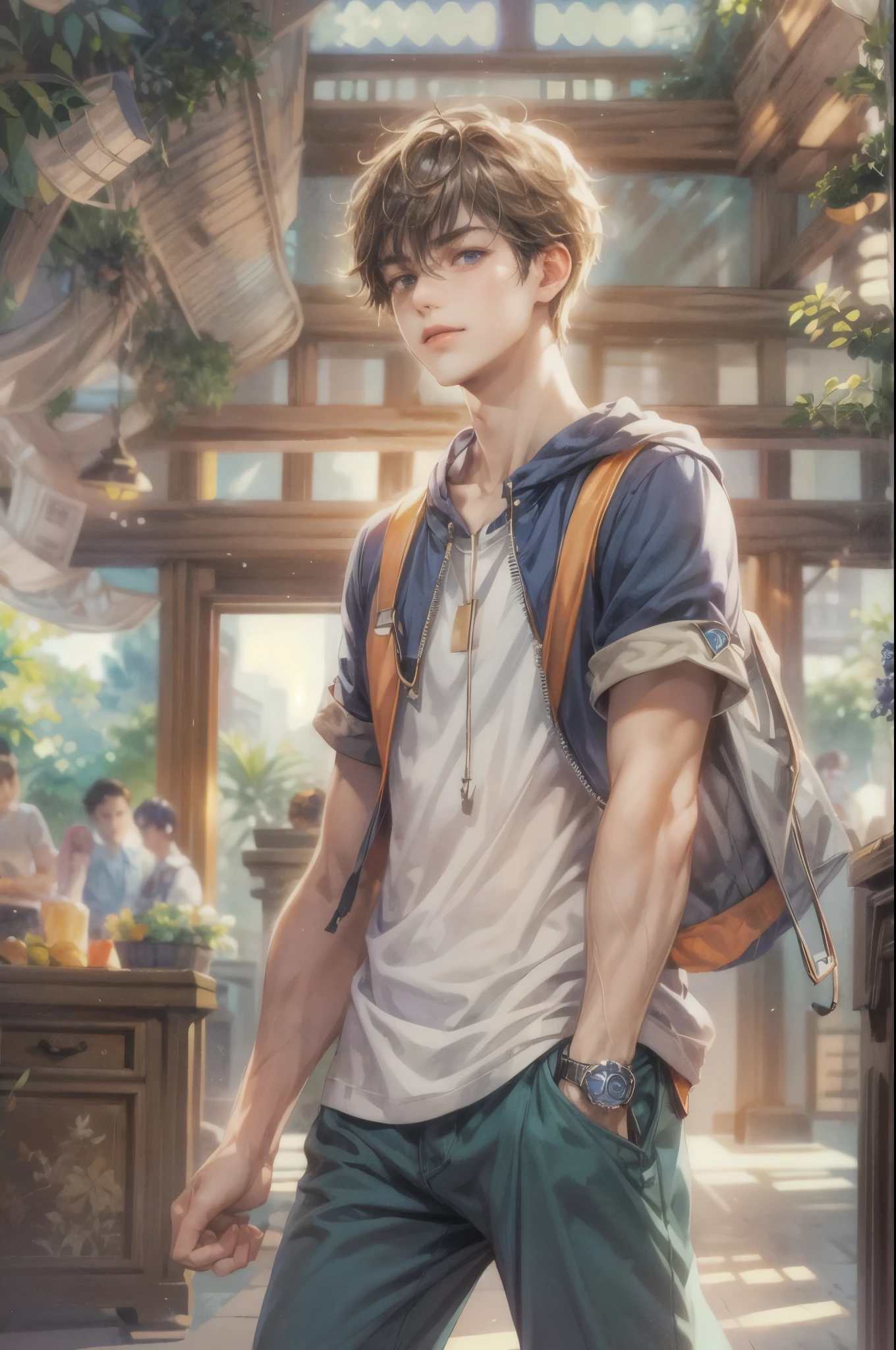 ((Best quality)), ((masterpiece)), (detailed), ((perfect face)), ((halfbody)) handsome face, male, teen boy, perfect proportions , a character from anime Pokémon, short hair, male version , hands hiding in clothes,detailed Pokémon center background, detailed cheerful scenery