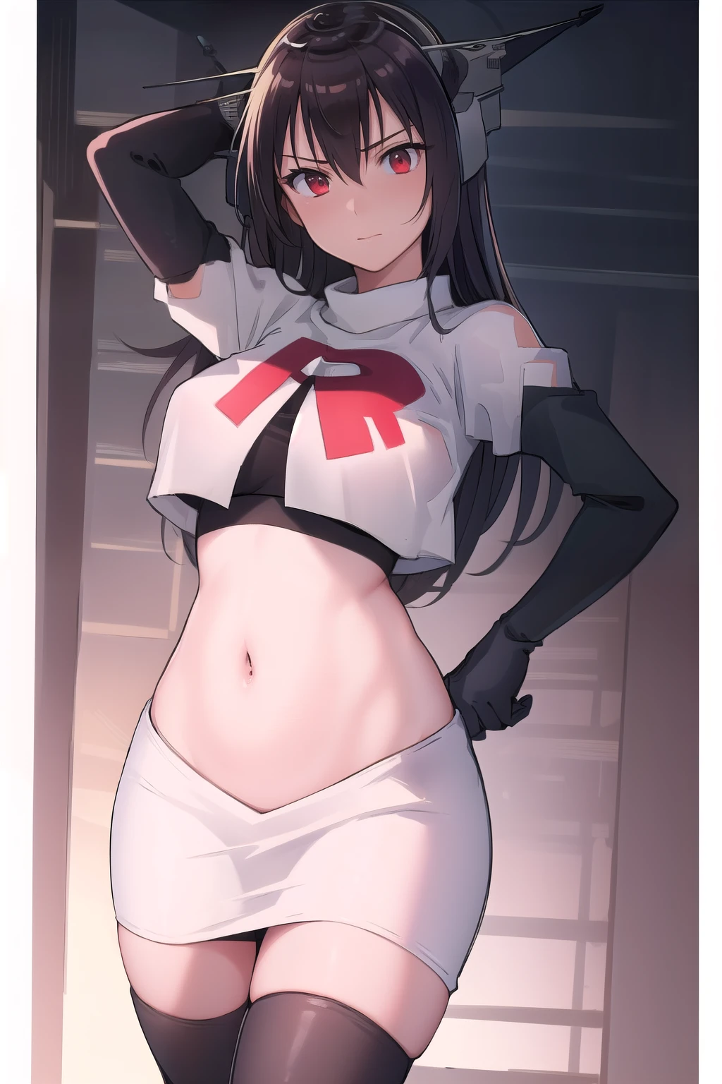 (masterpiece, best quality:1.2),illustration,8k,hd,1girl,solo,black_hair,long_hair,red_eyes,large_breasts,hair_between_eyes,headgear,navel,team rocket,team rocket uniform,white skirt,crop top,black thigh-highs,black elbow gloves,