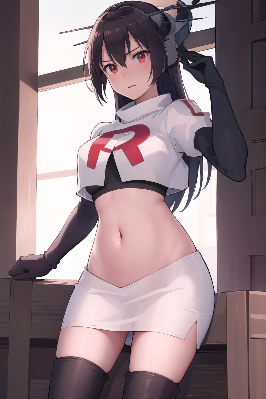 (masterpiece, best quality:1.2),illustration,8k,hd,1girl,solo,black_hair,long_hair,red_eyes,large_breasts,hair_between_eyes,headgear,navel,team rocket,team rocket uniform,white skirt,crop top,black thigh-highs,black elbow gloves,