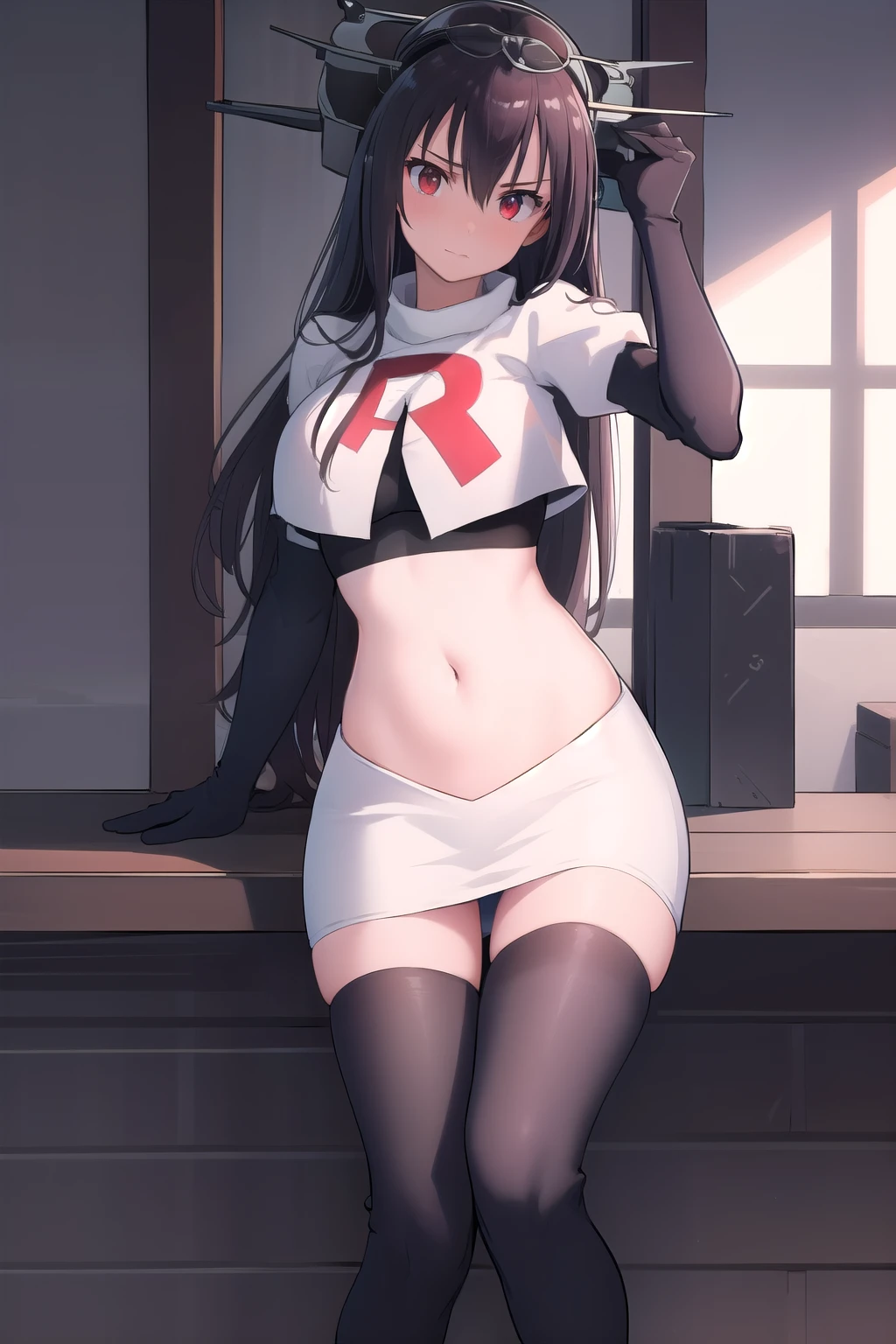 (masterpiece, best quality:1.2),illustration,8k,hd,1girl,solo,black_hair,long_hair,red_eyes,large_breasts,hair_between_eyes,headgear,navel,team rocket,team rocket uniform,white skirt,crop top,black thigh-highs,black elbow gloves,