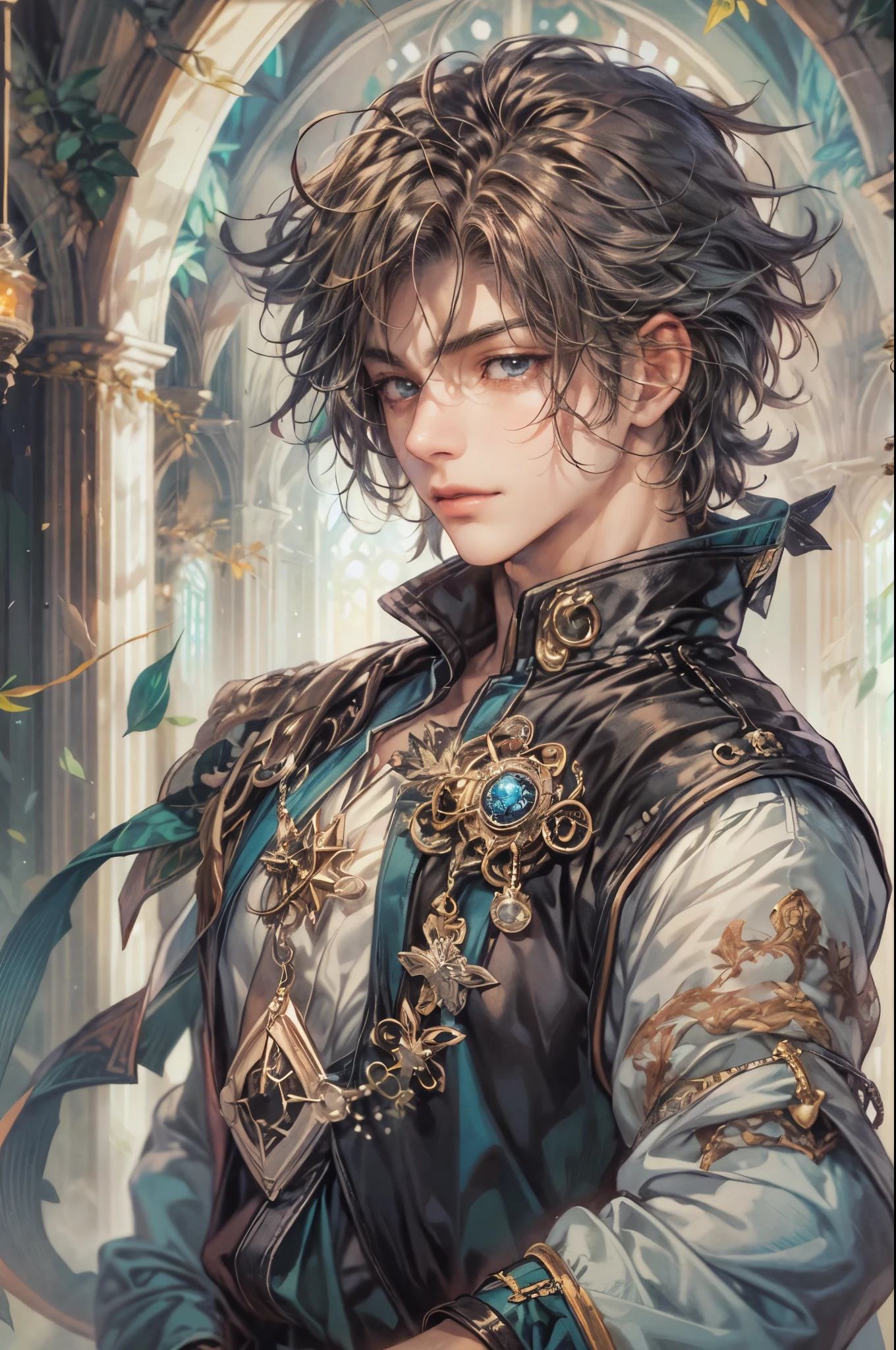 ((Best quality)), ((masterpiece)), (detailed), ((perfect face)), ((halfbody)) handsome face, male, boy, perfect proportions , a character from anime legend of mana teardrop crystal, obsidian hair, short hair, male version , gnostic church of domina scene, gnostic church of domina background, gnostic ghibli scenery background