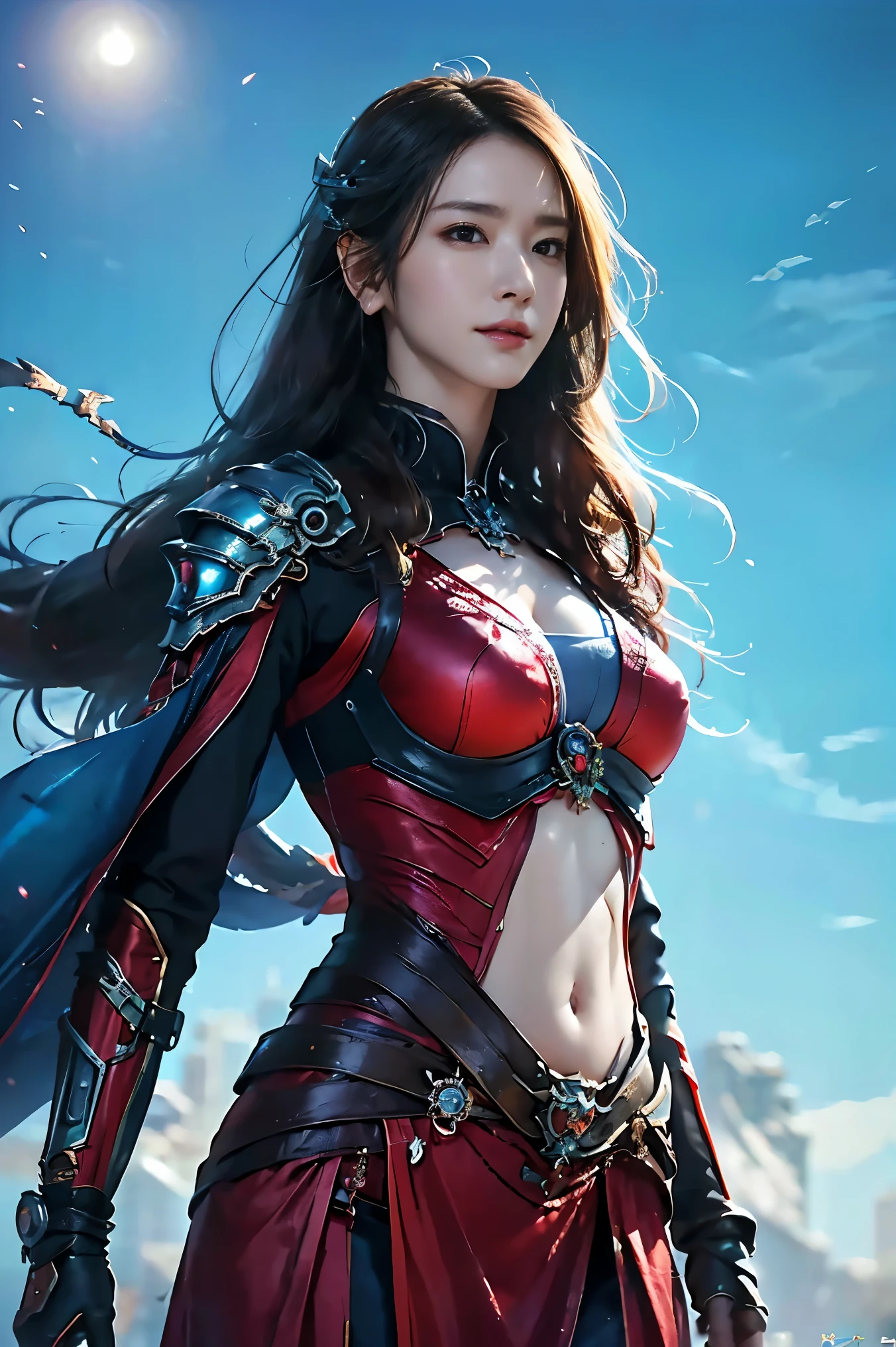 ((Best quality, 8k, RAW photo, Masterpiece :1.3)), (realistic、Photoreal:1.37)、Super detailed、super high resolution, (professional lighting), alone, 1 woman, solo, see the beholder, (30 years old), , beautiful and detailed face, happy smile, narrow, shining eyes, (slim waist :1.3), Fine and beautiful skin, skin texture, professional lighting, as a whole human body,(Combination of cyberpunk and fantasy style),(female soldier),25 year old woman,Japanese、(long straight hair, brown hair), (windy:1.3), (floating hair:1.3), brown eyes、small breasts,(red eye chest), accessories,gentle smile,elegant and attractive,Calm,(Combining cyberpunk and fantasy style clothing,openwork design,joint armor),Feet exposed, Raw skin exposed in cleavage, Battle uniform navel pose,photo pose,realistic style,blue world background,oc rendering reflection texture,View Camera, ((sky seen from below:1.2)),((looking down:1.2)),looking at viewer, look at viewer