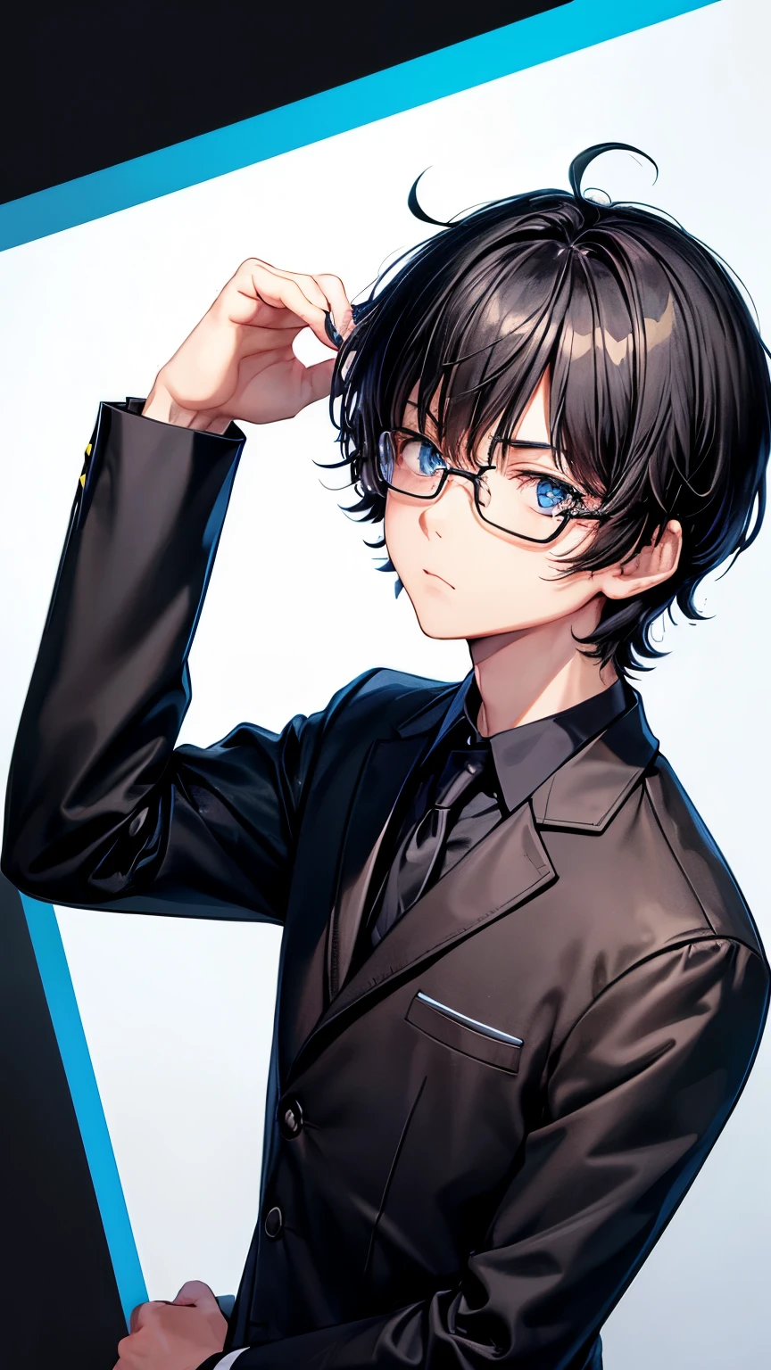 16 years old Japanese high school student boy ((boy’s body shape )),straight hair ((jet-black hair , extra very short hair )),((much shaggy long forelock)),BREAK, older and intrepid face, ((jet-black school blazer, jet-black shirt, black slacks )), blue glasses ,BREAK, thin sharp eyes ((shiny pale blue eye, )), blush , BREAK, boring and stressed atmosphere,((face focus:1.3)), his arms folded ,((NSFW))