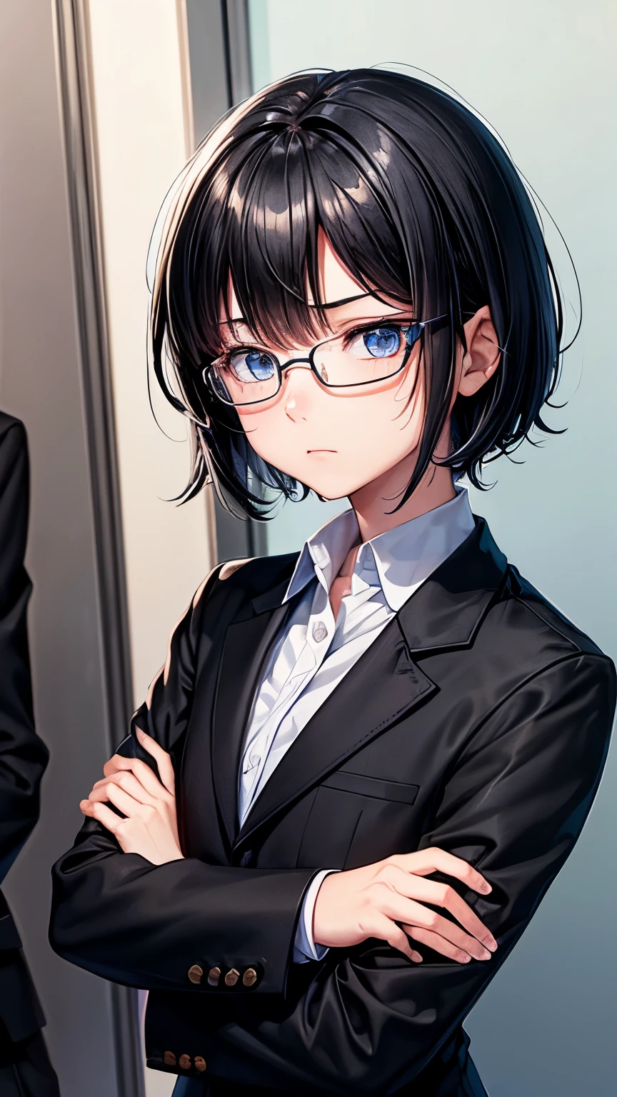 17 years old Japanese high school student boy ((boy’s body shape )),straight hair ((jet-black hair , extra very short hair )),((much shaggy long forelock)),BREAK, older and intrepid face, ((jet-black school blazer, jet-black dress shirt, black slacks )), blue glasses ,BREAK, thin sharp eyes ((shiny pale blue eye, )), blush , BREAK, boring and stressed atmosphere,((face focus:1.3)), his arms folded ,((NSFW))