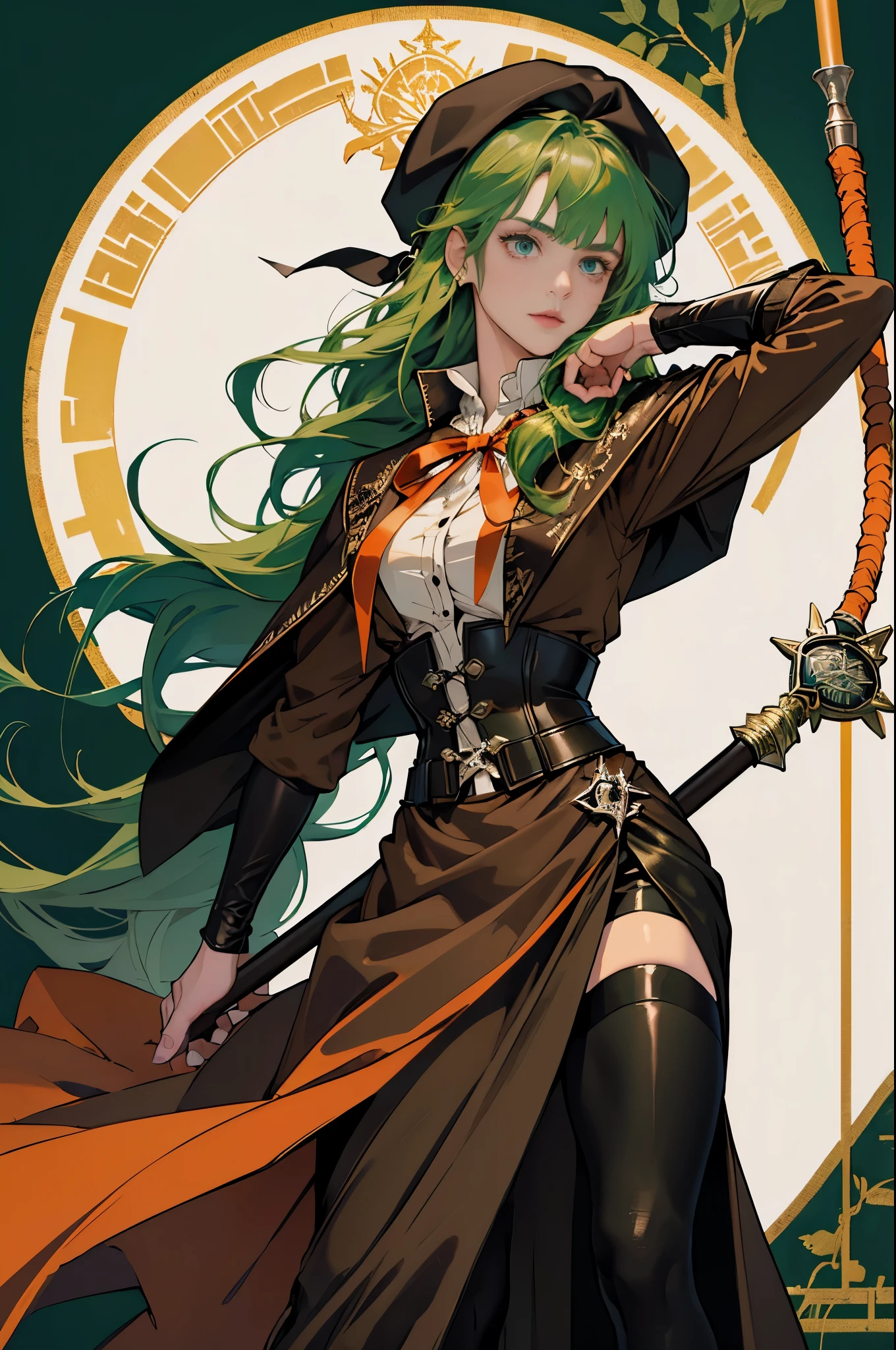 masterpiece, ultra detailed, 8k portrait, RAW photo, portrait photography, highly detailed face, beautiful and meticulous eyes, ((Fantasy)), Young beautiful, 22 years old, dynamic pose, (((Long Straight deep green hair))), ((One side hair is woven with orange ribbon)), blunt bangs, beret, White skin color, Luxury, hooded (((dark brown))) (((silk long cloak))) fluttering in the wind, (((dressed shirt))), (((silk maxi skirt))), leather corset, (((dark thigh high tights))), high cut leather boots, (((lift up long magical staff))), ((equip a pocket watch)), Midday Sun, hyper realistic, Body model, Small breasts, Beautiful breasts, Long legs, in the castle, Ambient lighting, Shadow details , Camera focus on face, strong breeze, Light fog