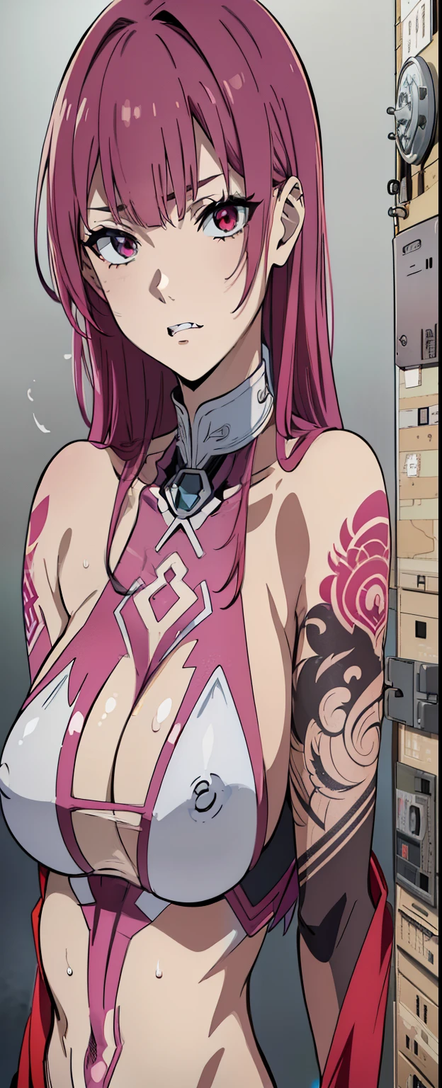 ((8K resolution))、((highest quality))、((masterpiece))、((Super detailed))((((dramatic))), (anatomically correct)、(focus on character)、tits、wet genitals、anime style、 (tachi-e), one girl、((whole body))front、front、upright、(Completely naked),(dark pubic hair),(bristles),jagged teeth、double teeth、eye highlights、gradient hair、tattoo、erase the shadow、colorful、character chart