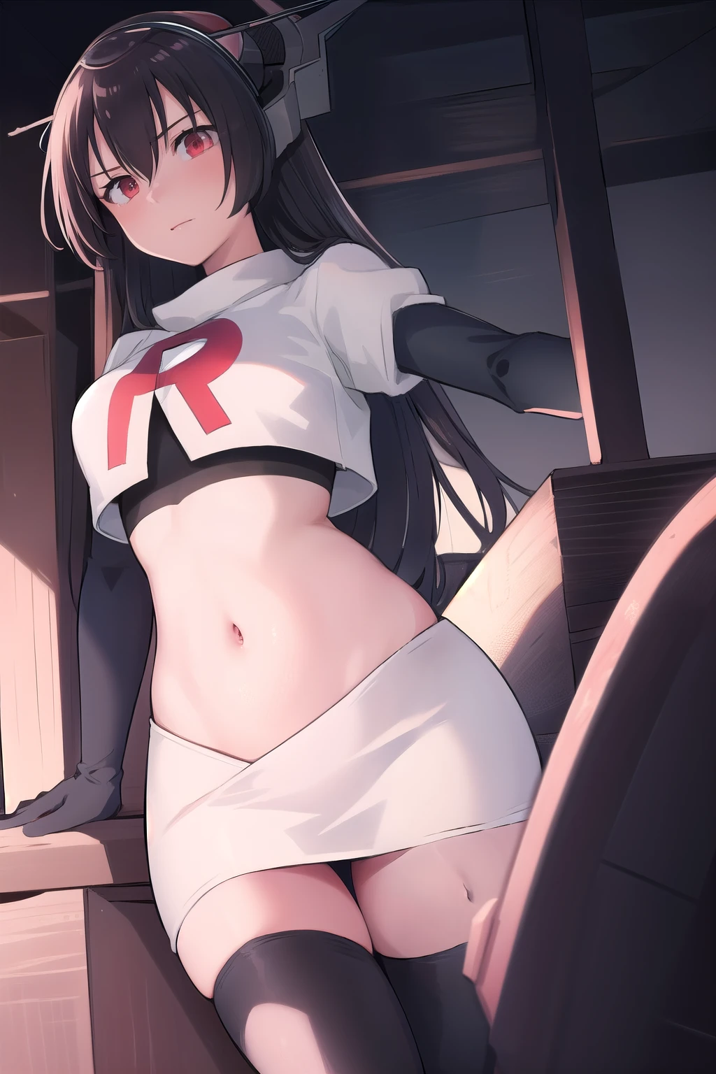 (masterpiece, best quality:1.2),illustration,8k,hd,1girl,solo,black_hair,long_hair,red_eyes,large_breasts,hair_between_eyes,headgear,navel,team rocket,team rocket uniform,white skirt,crop top,black thigh-highs,black elbow gloves,