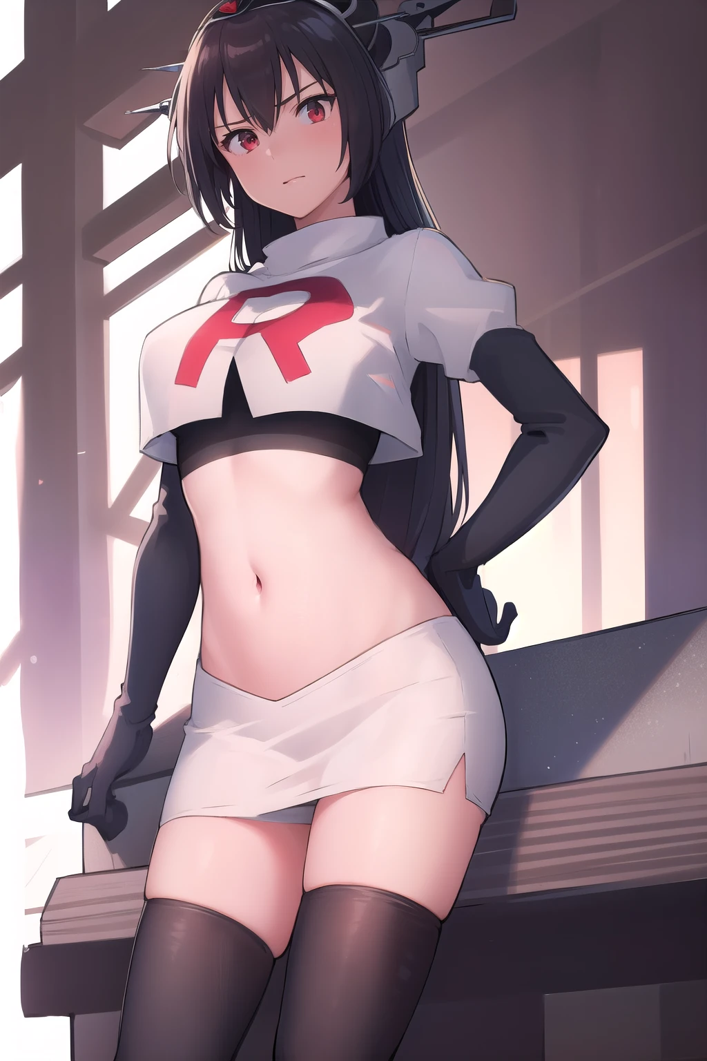 (masterpiece, best quality:1.2),illustration,8k,hd,1girl,solo,black_hair,long_hair,red_eyes,large_breasts,hair_between_eyes,headgear,navel,team rocket,team rocket uniform,white skirt,crop top,black thigh-highs,black elbow gloves,