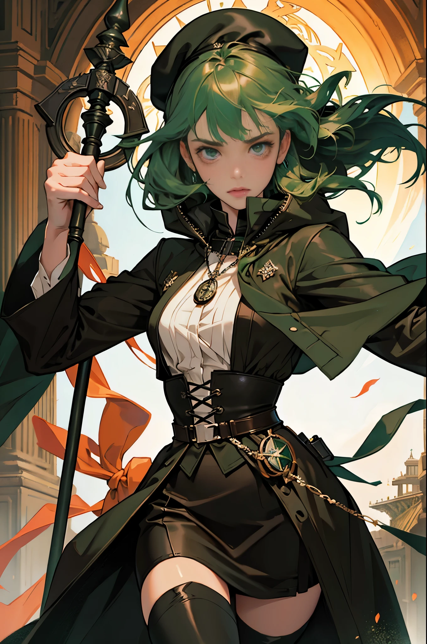 masterpiece, ultra detailed, 8k portrait, RAW photo, portrait photography, highly detailed face, beautiful and meticulous eyes, ((Fantasy)), Young beautiful, 22 years old, dynamic pose, (((Long Straight deep green hair))), ((One side hair is woven with orange ribbon)), blunt bangs, beret, White skin color, Luxury, hooded (((dark brown))) (((silk long cloak))) fluttering in the wind, (((dressed shirt))), (((silk maxi skirt))), leather corset, (((dark thigh high tights))), high cut leather boots, (((lift up long magical staff))), ((equip a pocket watch)), Midday Sun, hyper realistic, Body model, Small breasts, Beautiful breasts, Long legs, in the castle, Ambient lighting, Shadow details , Camera focus on face, strong breeze, Light fog
