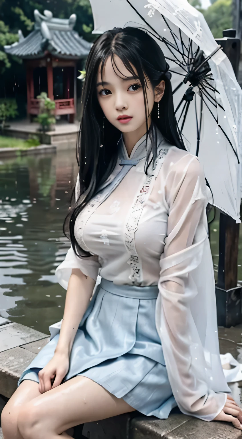 Master quality, highest quality, best picture quality hd 8k, exaggerated details, a godeess 8 year old dress moxin  with a shy expression, slightly squinted eyes, adjusting her hair, long eyelashes (long hair / very, very exaggerated big breasts _ tits / in hanfu chinese thin silk qipao very wet body, thin cloth embossed pattern, short skirt), posing sit in front of the camera, wet throught rain, very wet body, thin cloth embossed pattern), posing sit in front of the camera, wet throught rain, wet silk lace under wear throught skin,  thin cloth embossed pattern detaild lace