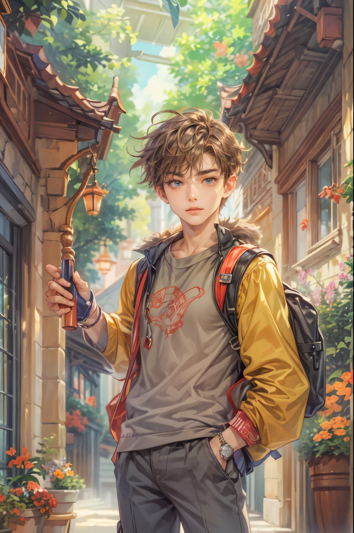 ((Best quality)), ((masterpiece)), (detailed), ((perfect face)), ((halfbody)) handsome face, male, teen boy, perfect proportions , a character from anime Pokémon, short hair, male version , hands hiding in clothes,detailed Pokémon center background, detailed cheerful scenery