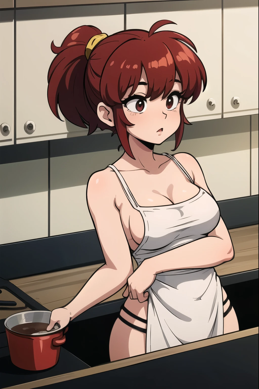 Ranma saotome, cabello rojo corto, pechos muy grandes, hermosos pechos, cuerpo completo, usando solo un delantal de cocina, sin ropa interior, senos grandes, caderas anchas, cocinando, usando delantal de cocina blanco, delantal blanco, semidesnuda, delantal de cocina, cocina sexy, delantal obseno, ricos pechos, senos vulgares, pose vulgar, quitandose la ropa, desvistiendose 