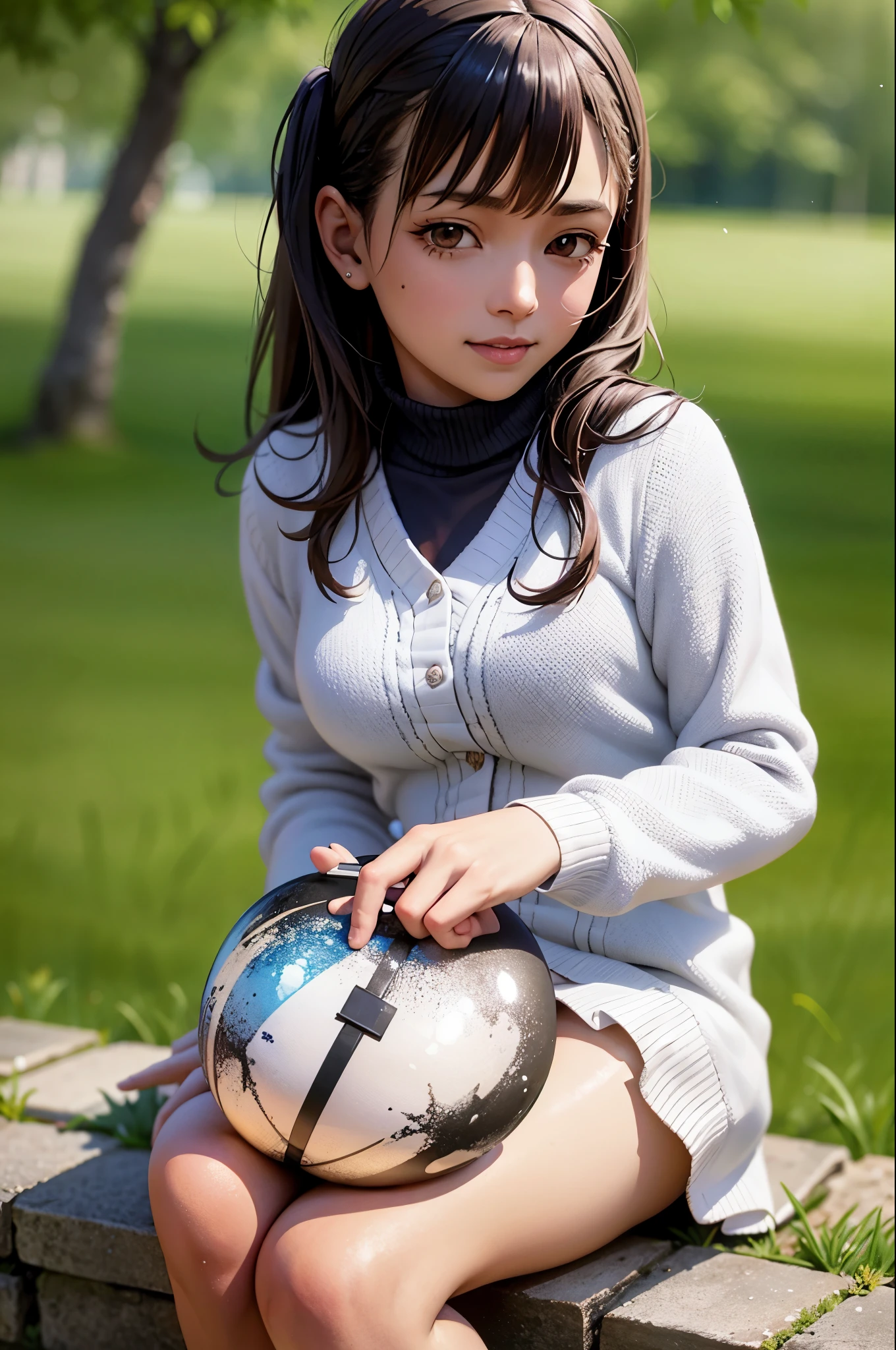 Mejor calidad, Obra maestra, buenas manos, manos perfectas,shinobu, sonrisa,pechos medianos, black cardigan, sitting under a tree, leyendo un libro, textura de piel detallada, (rubor:0.5), (piel de gallina:0.5), Subsoil Dispersion,cruzando la pierna,muslos medianos, pelo blanco