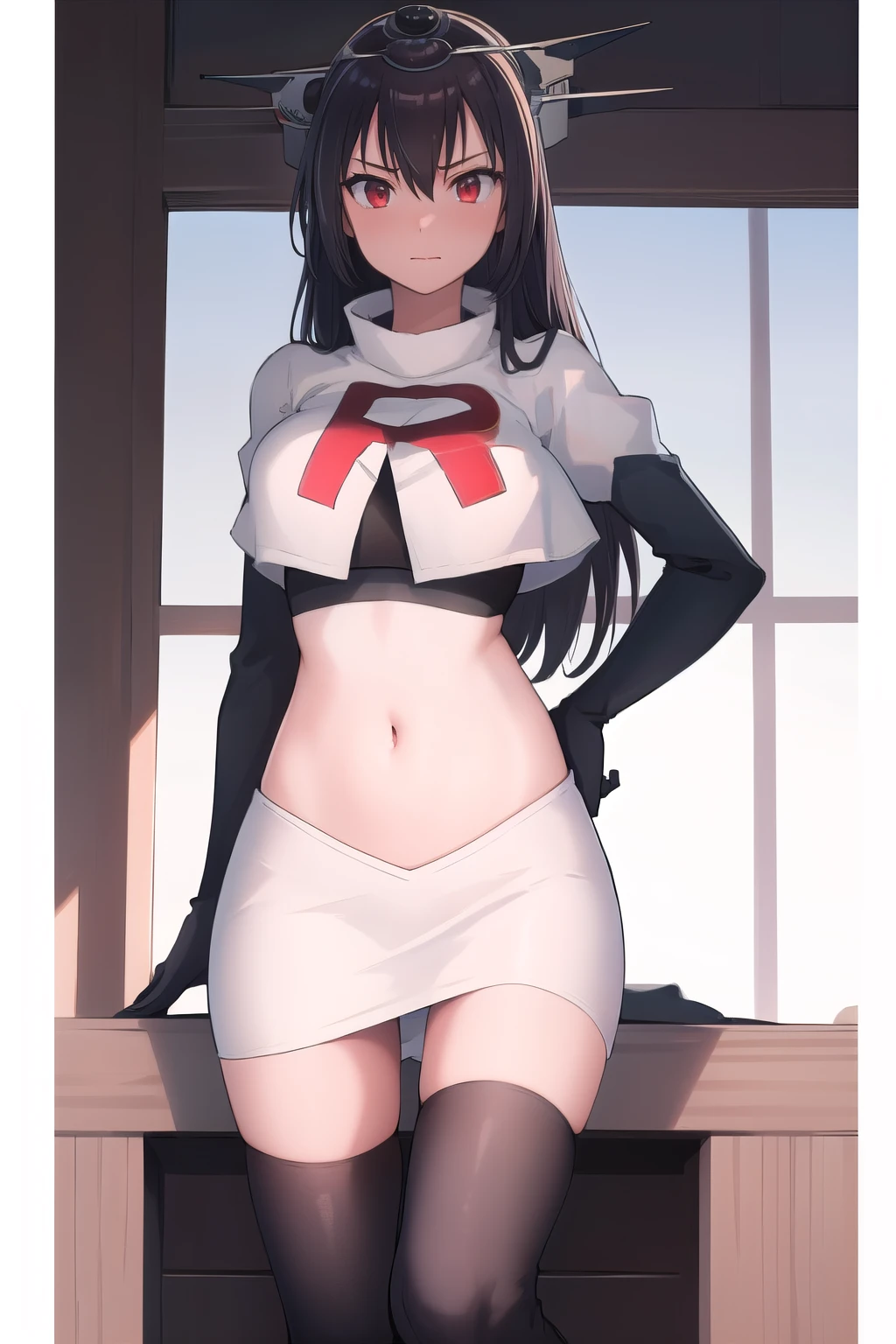 (masterpiece, best quality:1.2),illustration,8k,hd,1girl,solo,black_hair,long_hair,red_eyes,large_breasts,hair_between_eyes,headgear,navel,team rocket,team rocket uniform,white skirt,crop top,black thigh-highs,black elbow gloves,