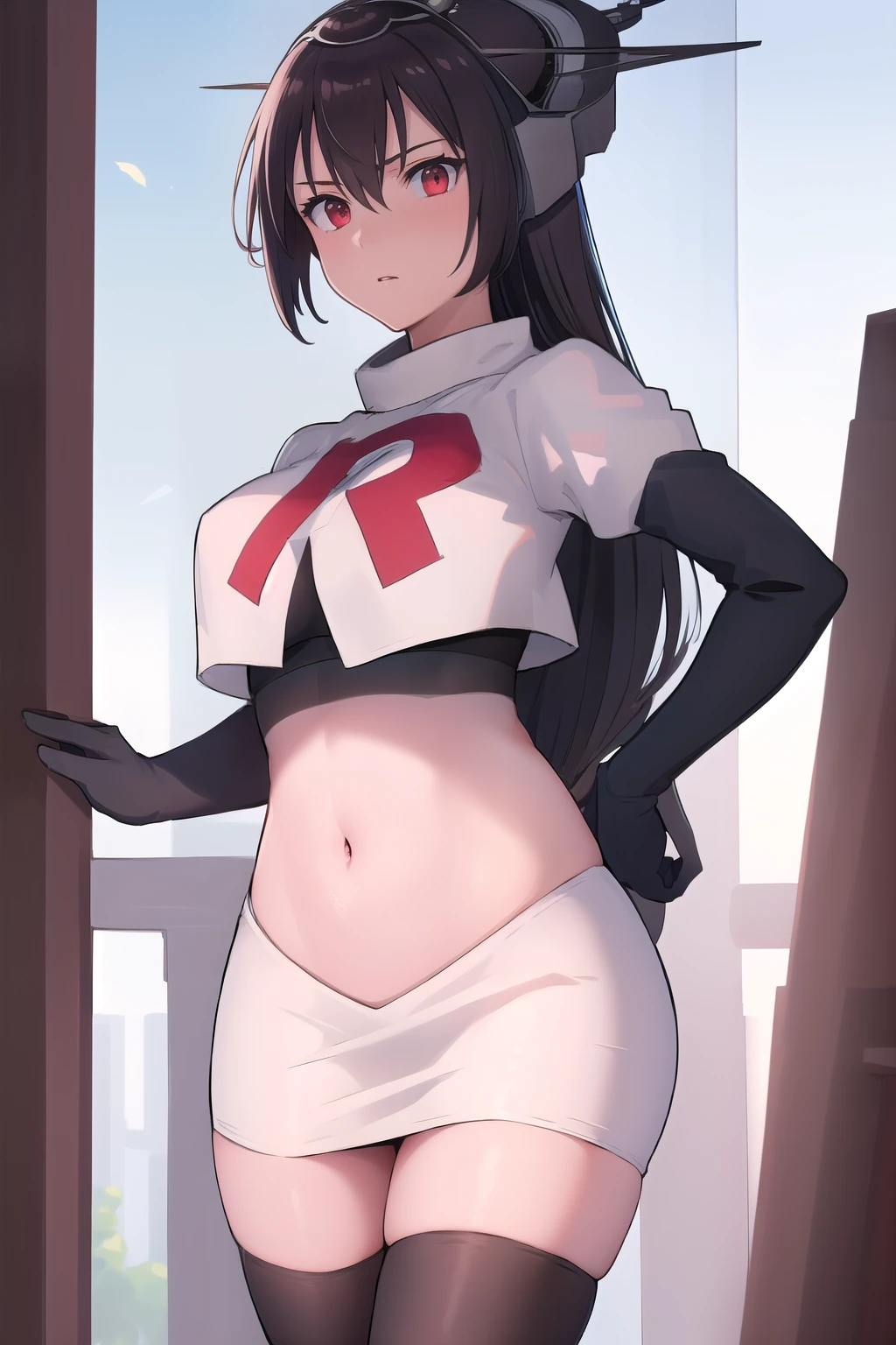 (masterpiece, best quality:1.2),illustration,8k,hd,1girl,solo,black_hair,long_hair,red_eyes,large_breasts,hair_between_eyes,headgear,navel,team rocket,team rocket uniform,white skirt,crop top,black thigh-highs,black elbow gloves,