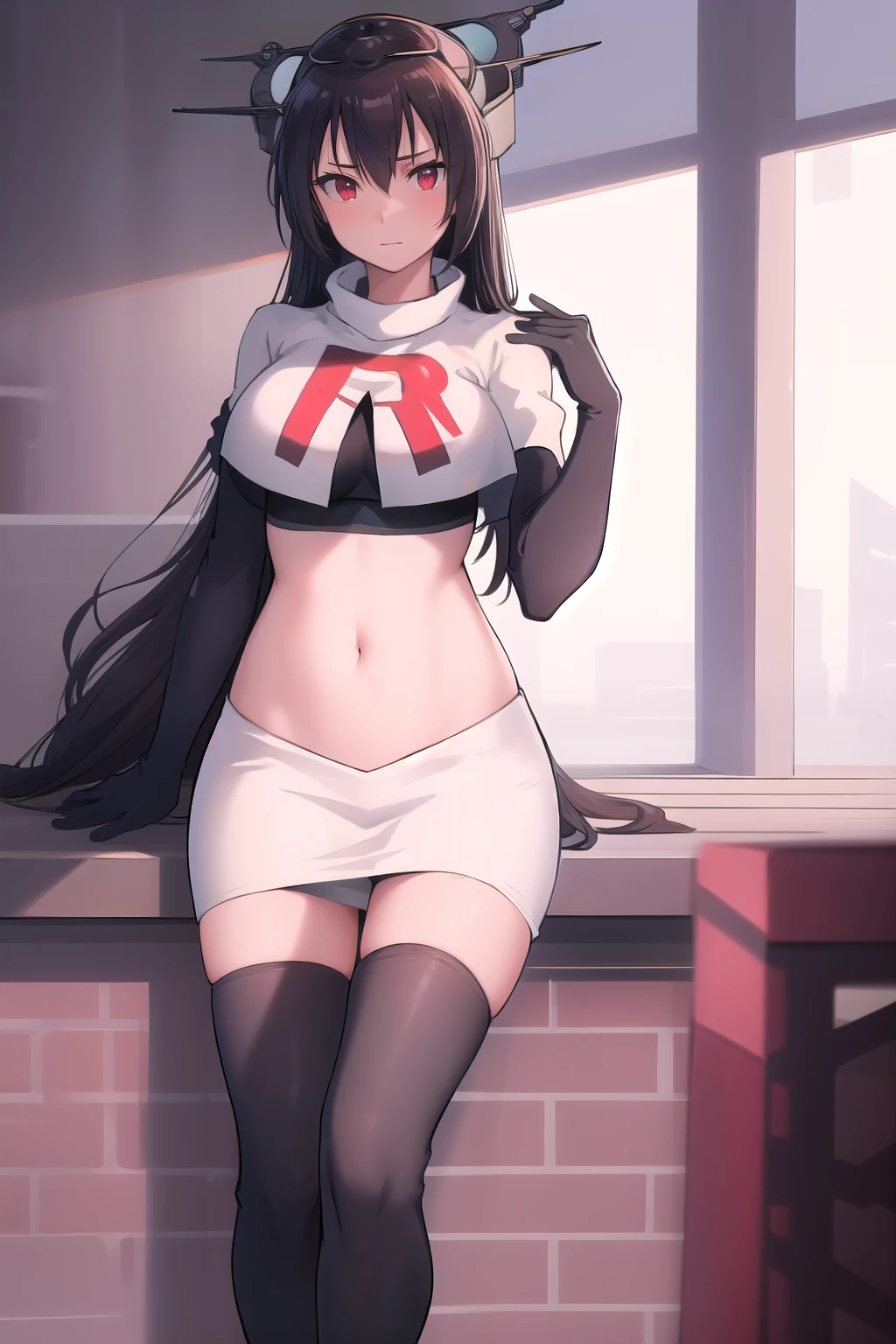 (masterpiece, best quality:1.2),illustration,8k,hd,1girl,solo,black_hair,long_hair,red_eyes,large_breasts,hair_between_eyes,headgear,navel,team rocket,team rocket uniform,white skirt,crop top,black thigh-highs,black elbow gloves,