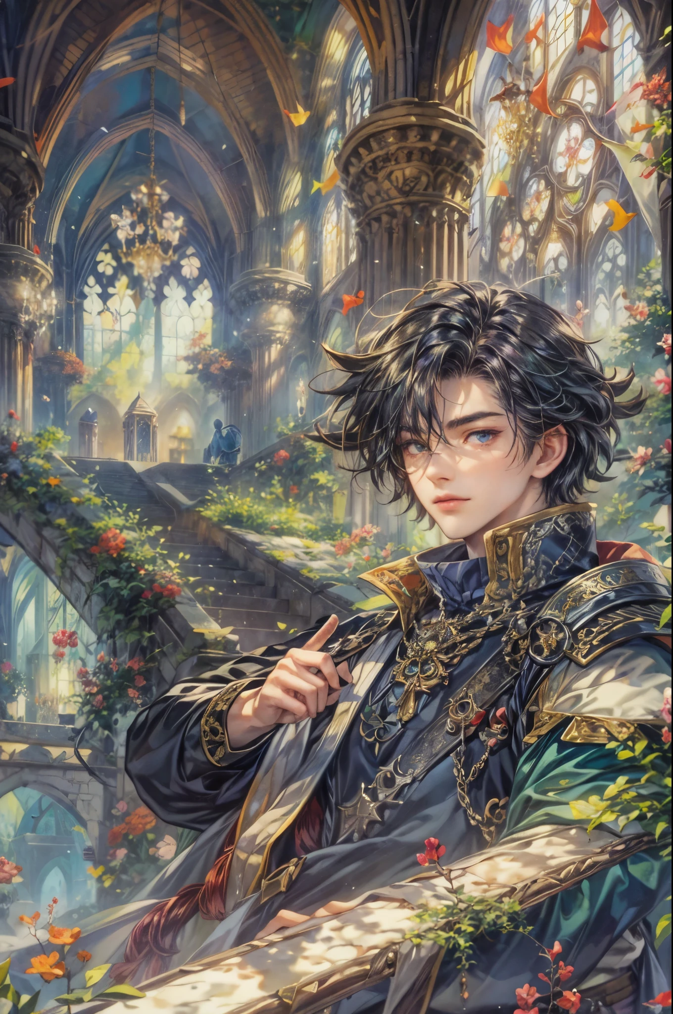 ((Best quality)), ((masterpiece)), (detailed), ((perfect face)), ((halfbody)) handsome face, male, teen boy,  perfect proportions , a character from anime legend of mana teardrop crystal, obsidian hair, short hair, male version , gnostic church of domina scene, gnostic church of domina background, gnostic ghibli scenery background 